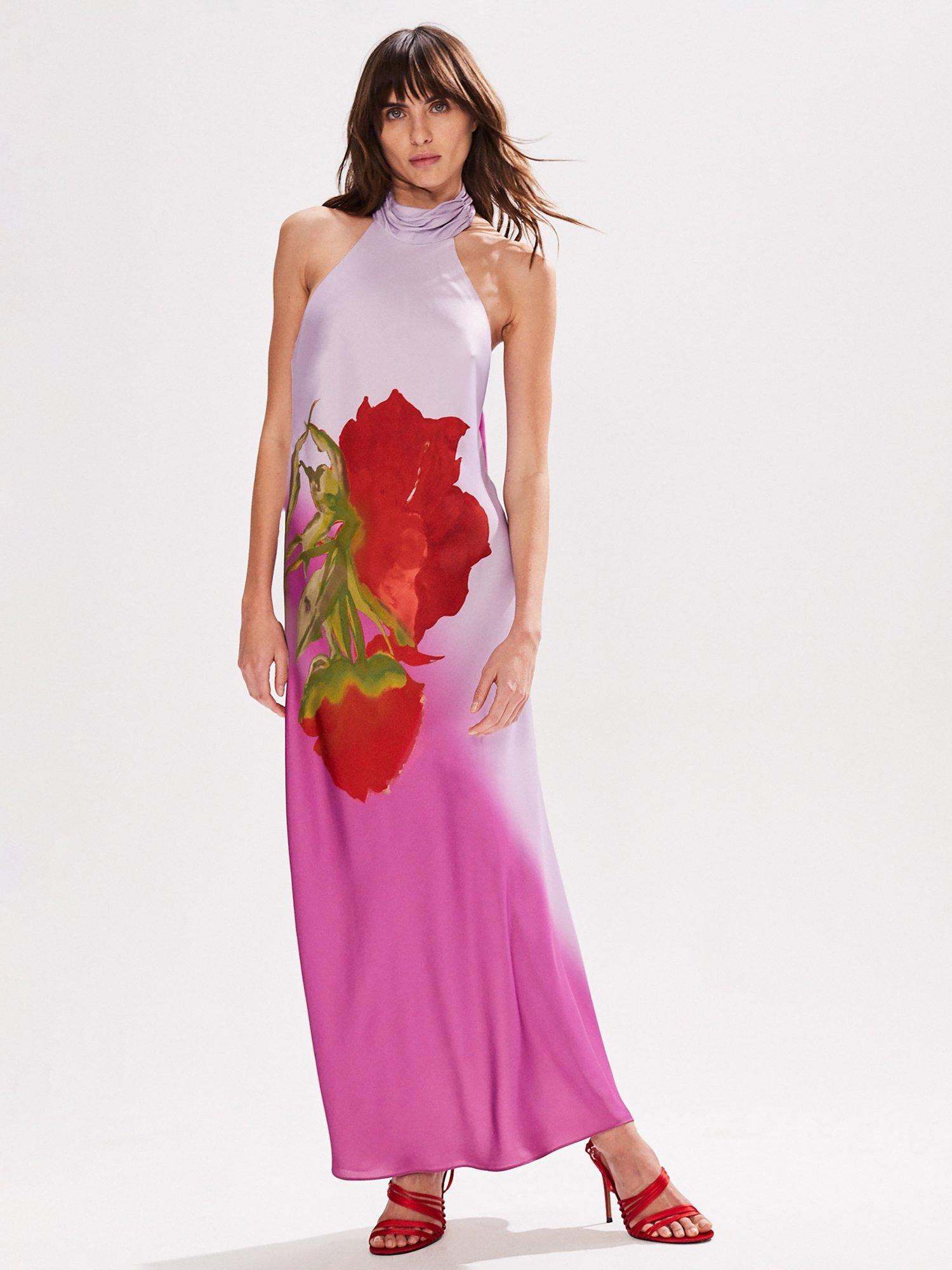 Product image 1 of 4, which shows Ro&Zo Margot Rose Print Halterneck Dress, Pink, 16