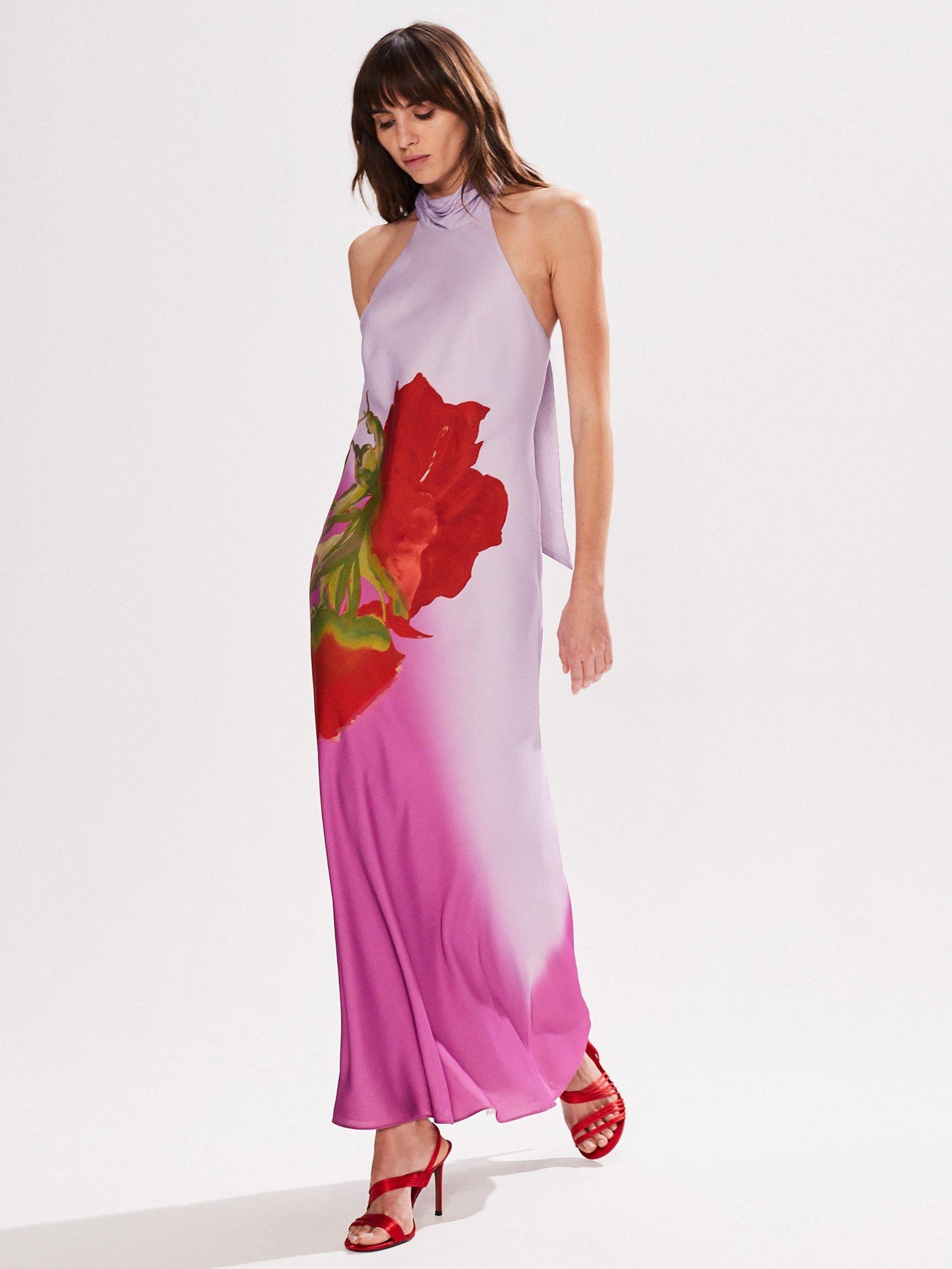 Product image 2 of 4, which shows Ro&Zo Margot Rose Print Halterneck Dress, Pink, 16