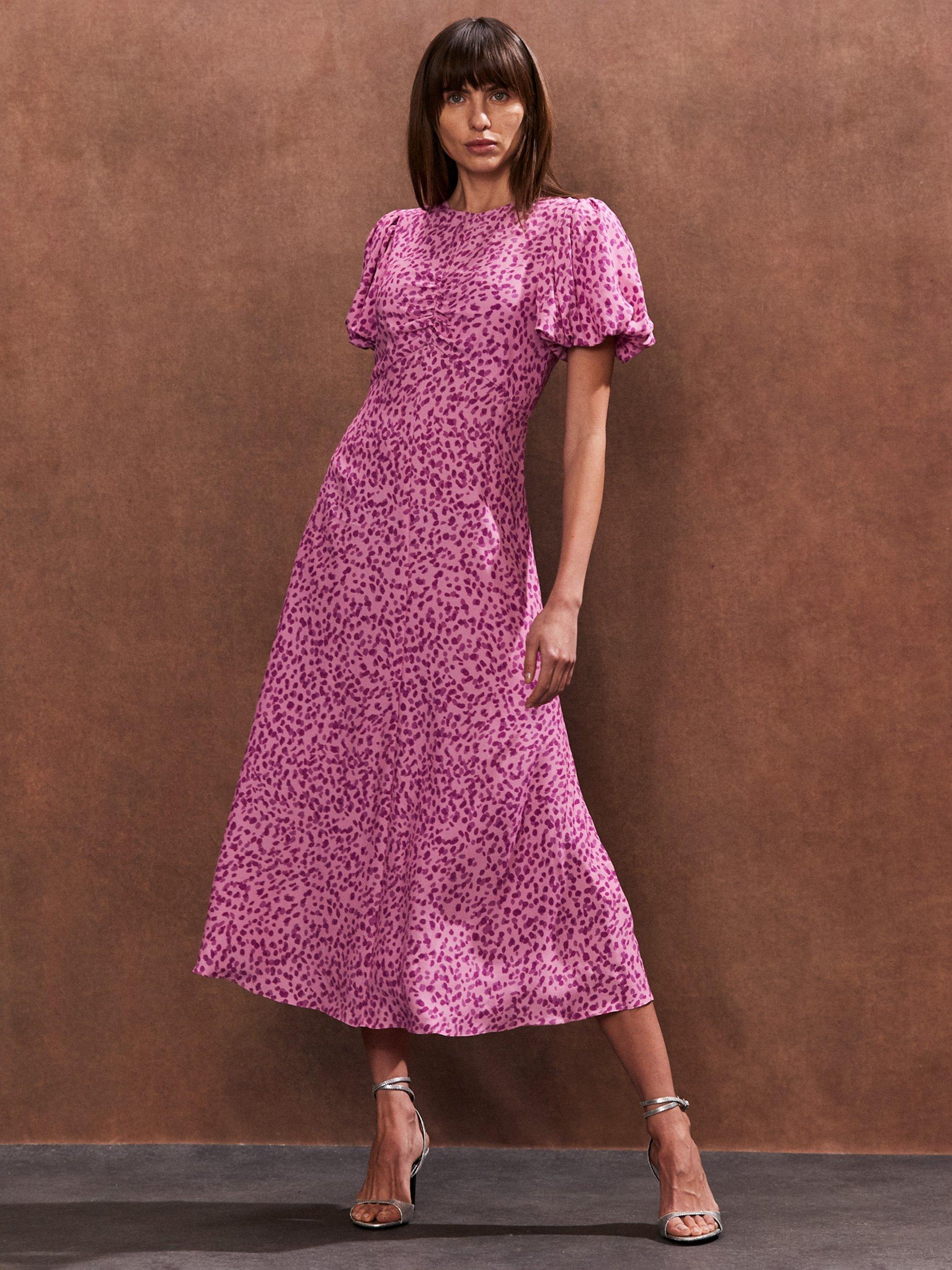 Ro&Zo Petite Print Puff Sleeve Midi Dress, Pink