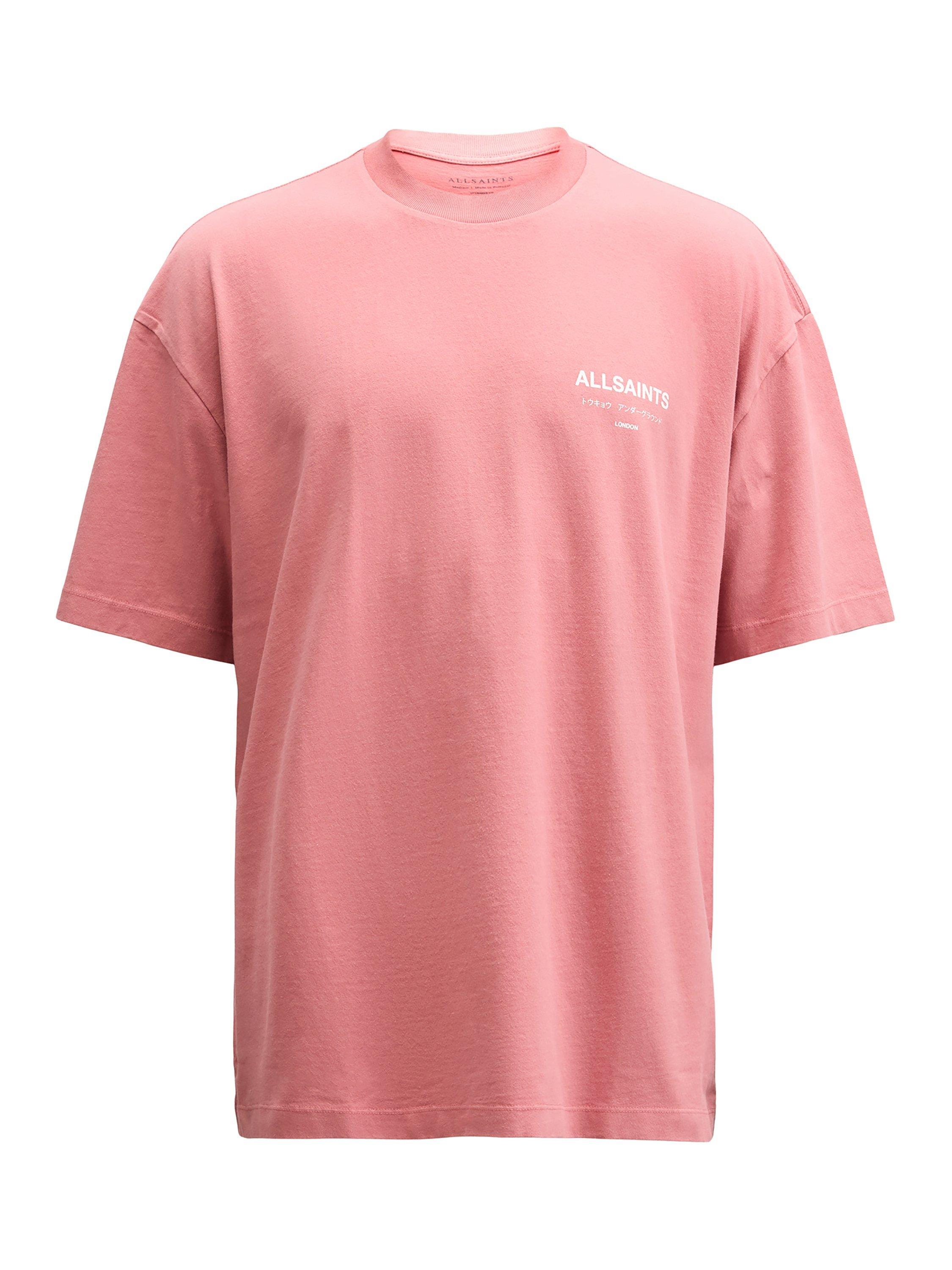 Product image 4 of 7, which shows AllSaints Underground Organic Cotton Loose Fit Short Sleeve Logo T-Shirt, Mid Pink, S