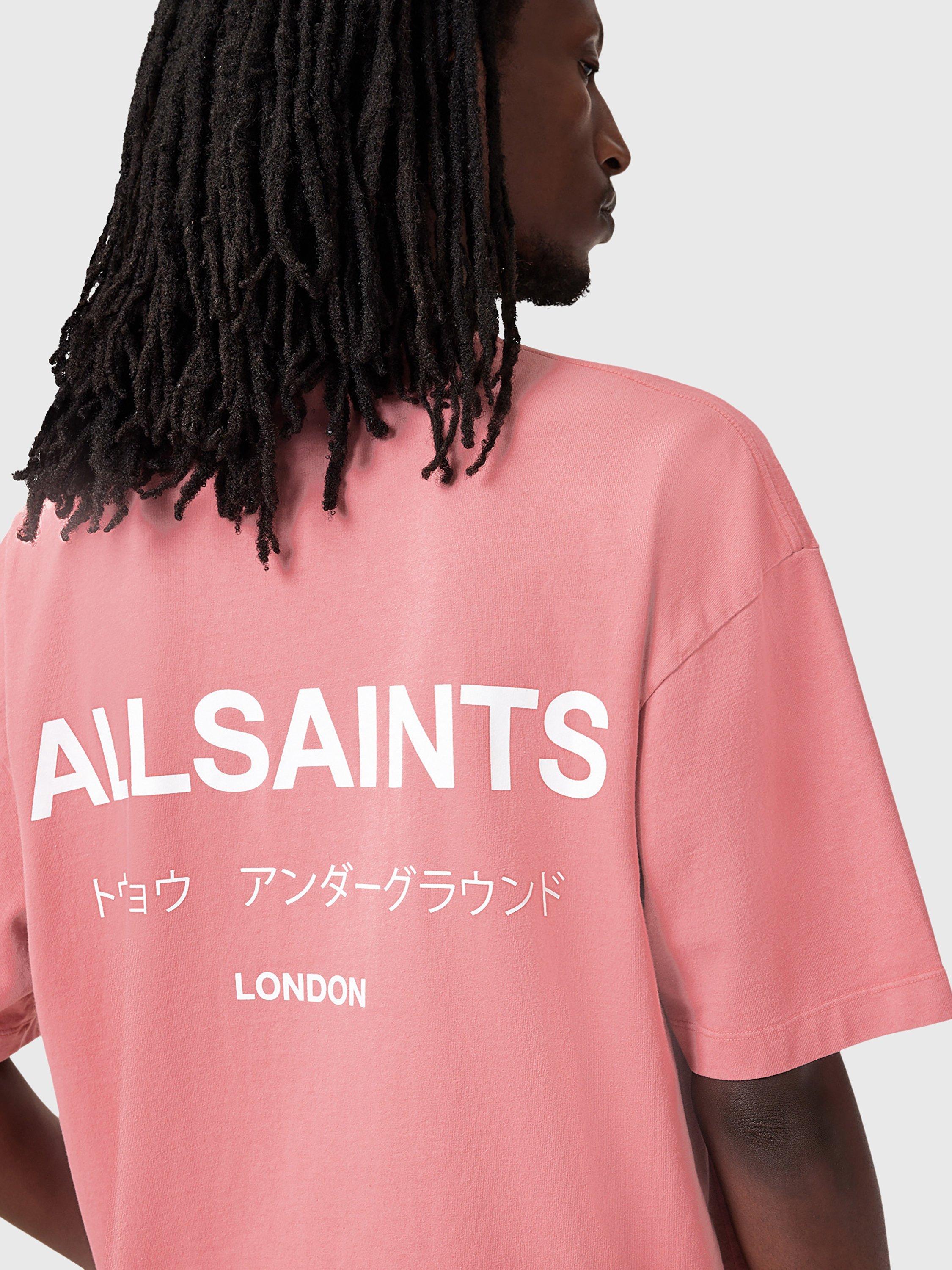 Product image 5 of 7, which shows AllSaints Underground Organic Cotton Loose Fit Short Sleeve Logo T-Shirt, Mid Pink, S