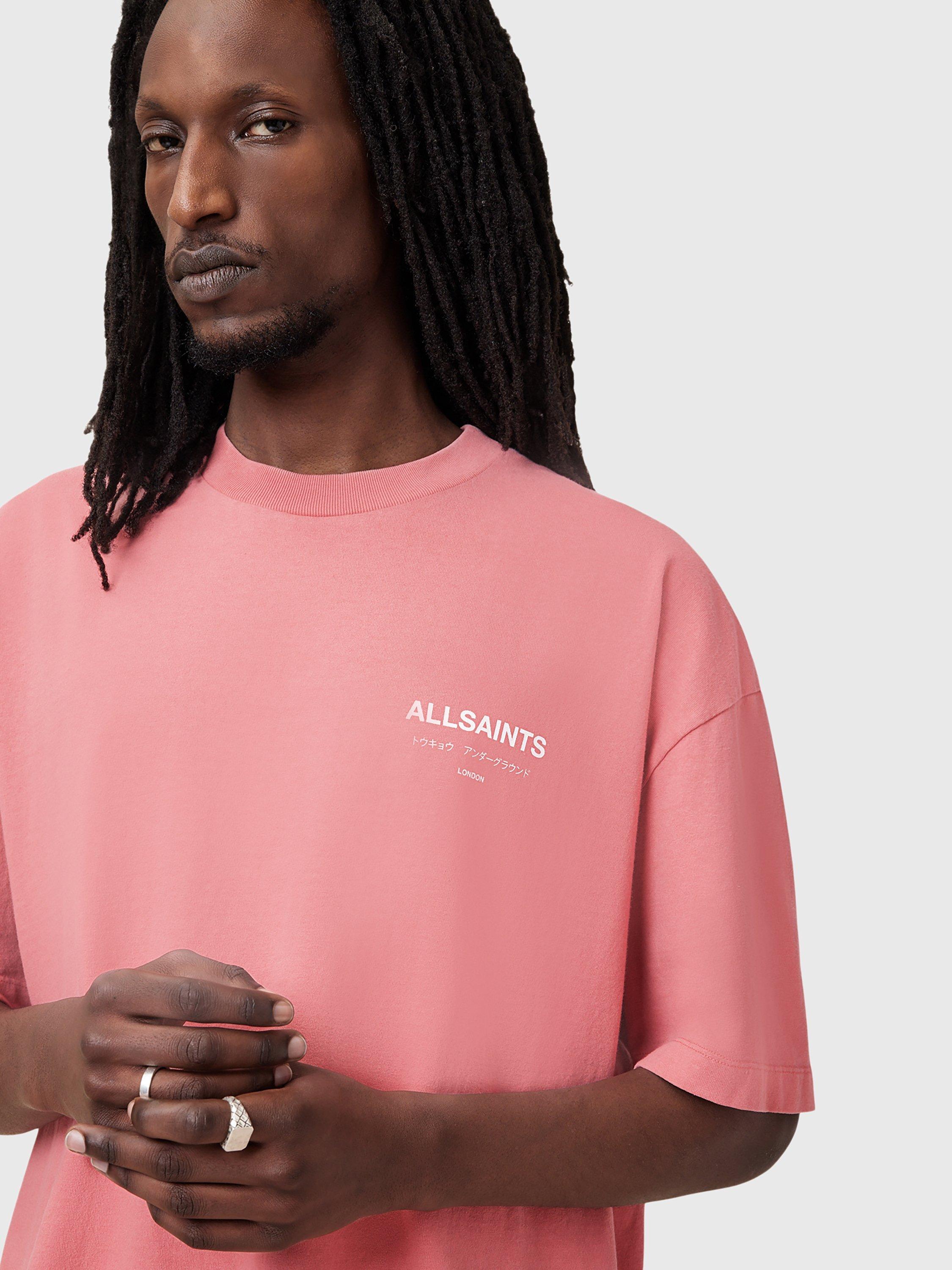 Product image 6 of 7, which shows AllSaints Underground Organic Cotton Loose Fit Short Sleeve Logo T-Shirt, Mid Pink, S