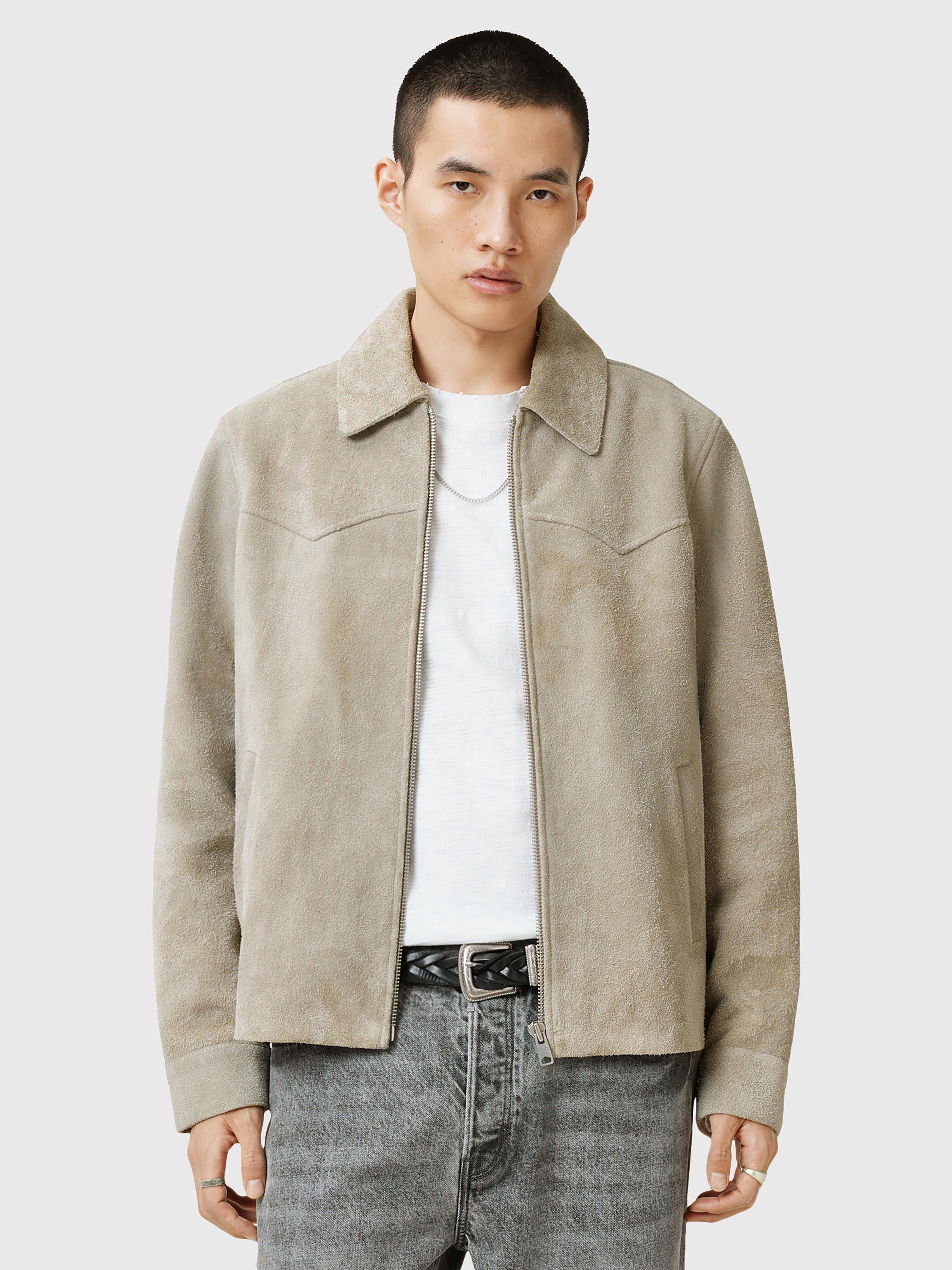 Product image 1 of 9, which shows AllSaints Tacoma Suede Jacket, Natural Oatmeal, S