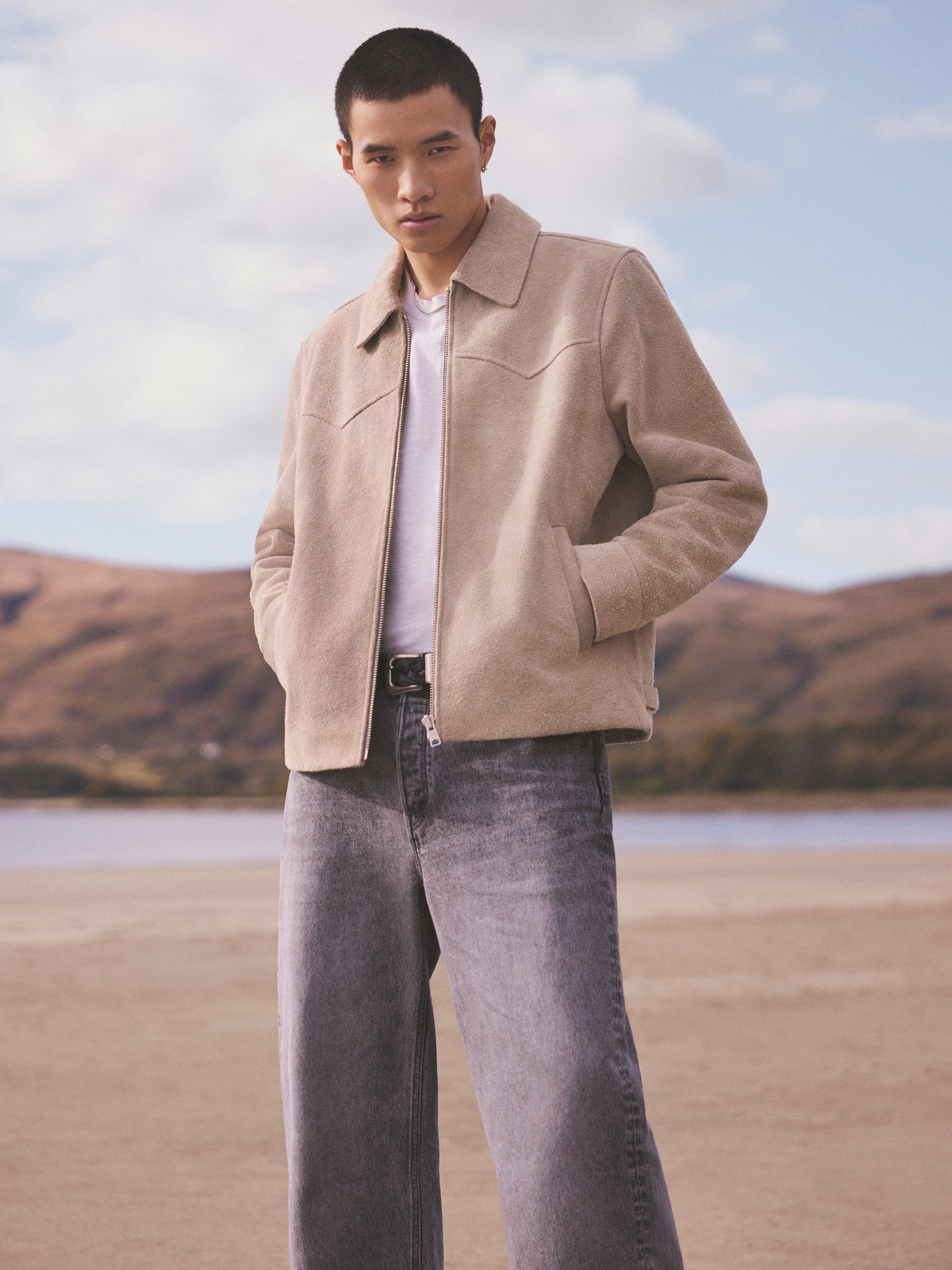Product image 3 of 9, which shows AllSaints Tacoma Suede Jacket, Natural Oatmeal, S