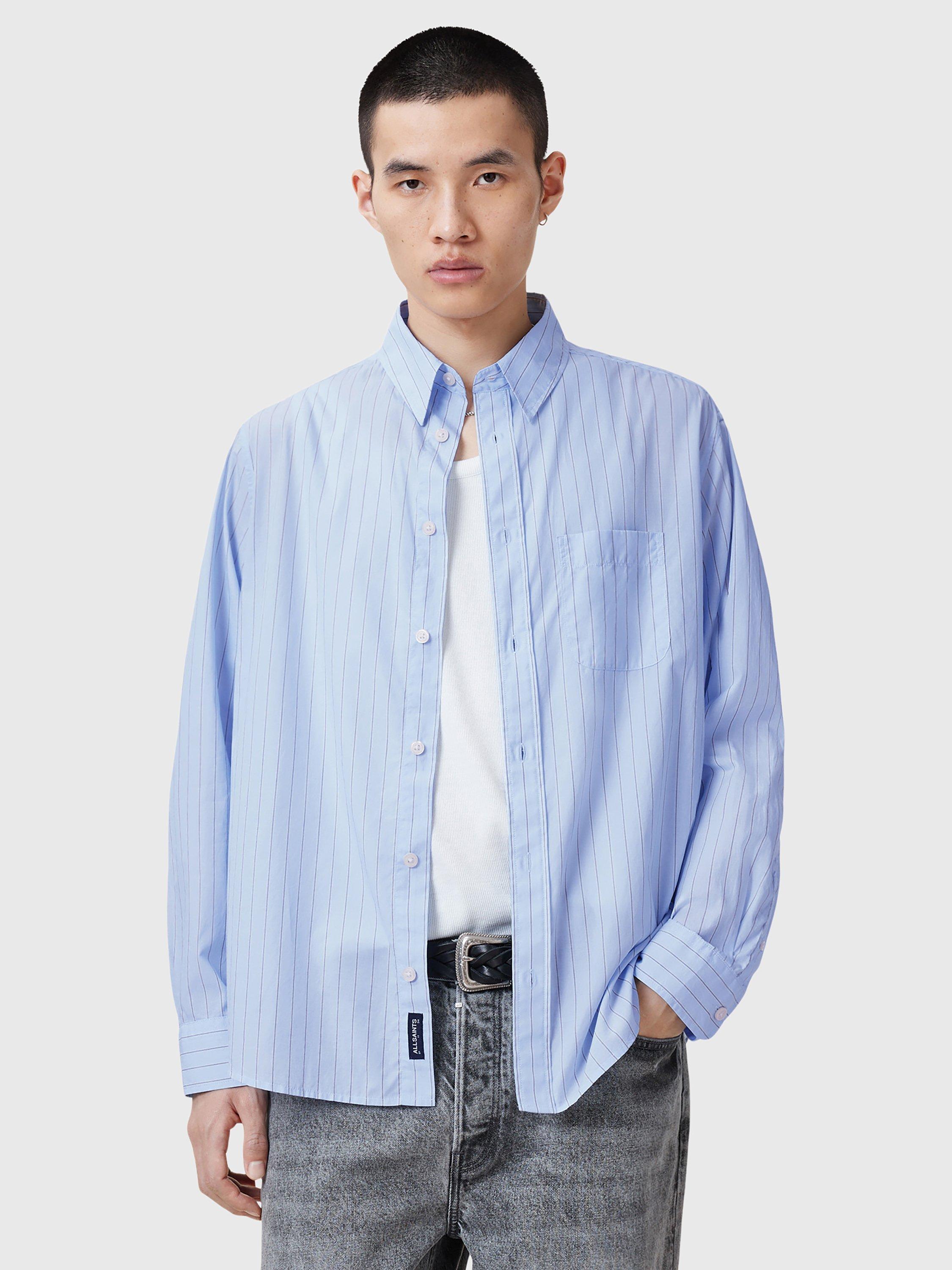 AllSaints Marcel Long Sleeve Organic Cotton Shirt, Mid Blue