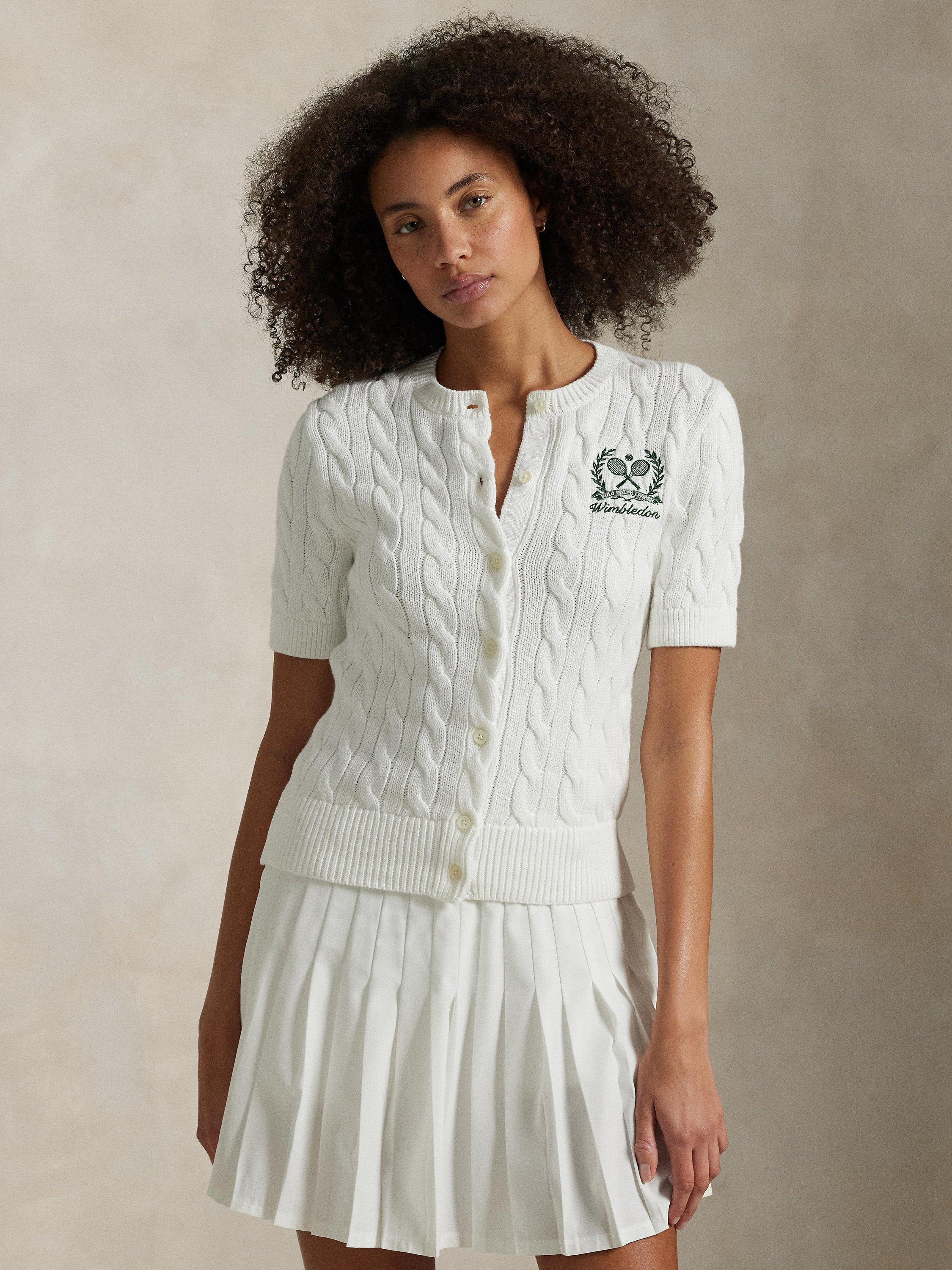 Product image 2 of 4, which shows Polo Ralph Lauren Wimbledon 2025 Cable Knit Short Sleeve Cardigan, Ceramic White, XS