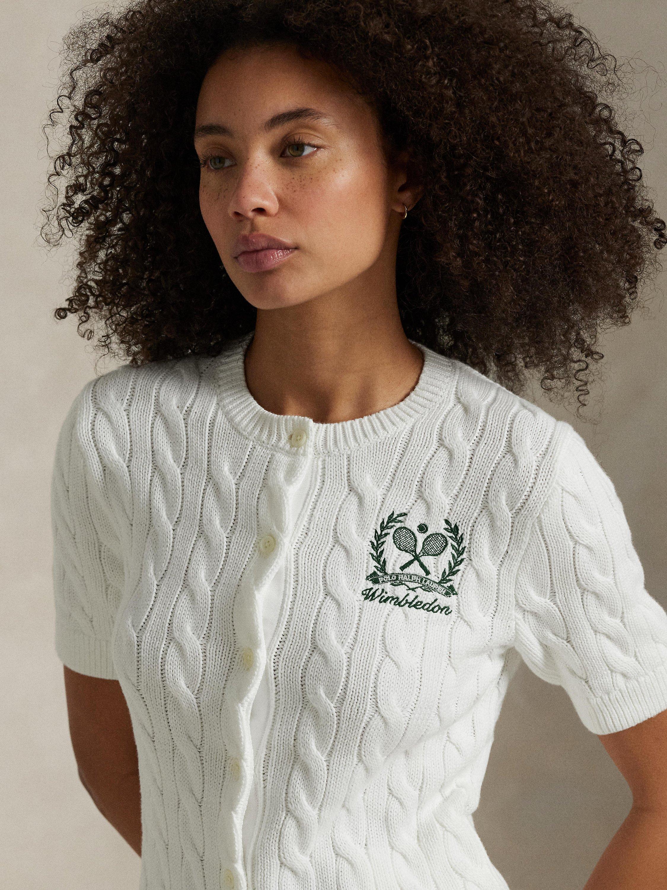 Product image 3 of 4, which shows Polo Ralph Lauren Wimbledon 2025 Cable Knit Short Sleeve Cardigan, Ceramic White, XS