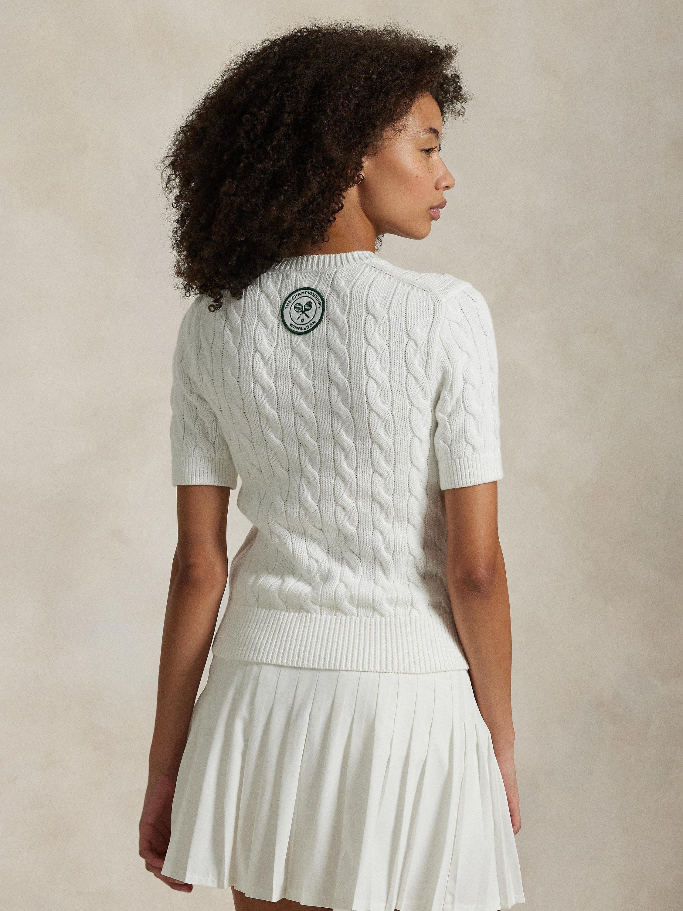 Product image 4 of 4, which shows Polo Ralph Lauren Wimbledon 2025 Cable Knit Short Sleeve Cardigan, Ceramic White, XS