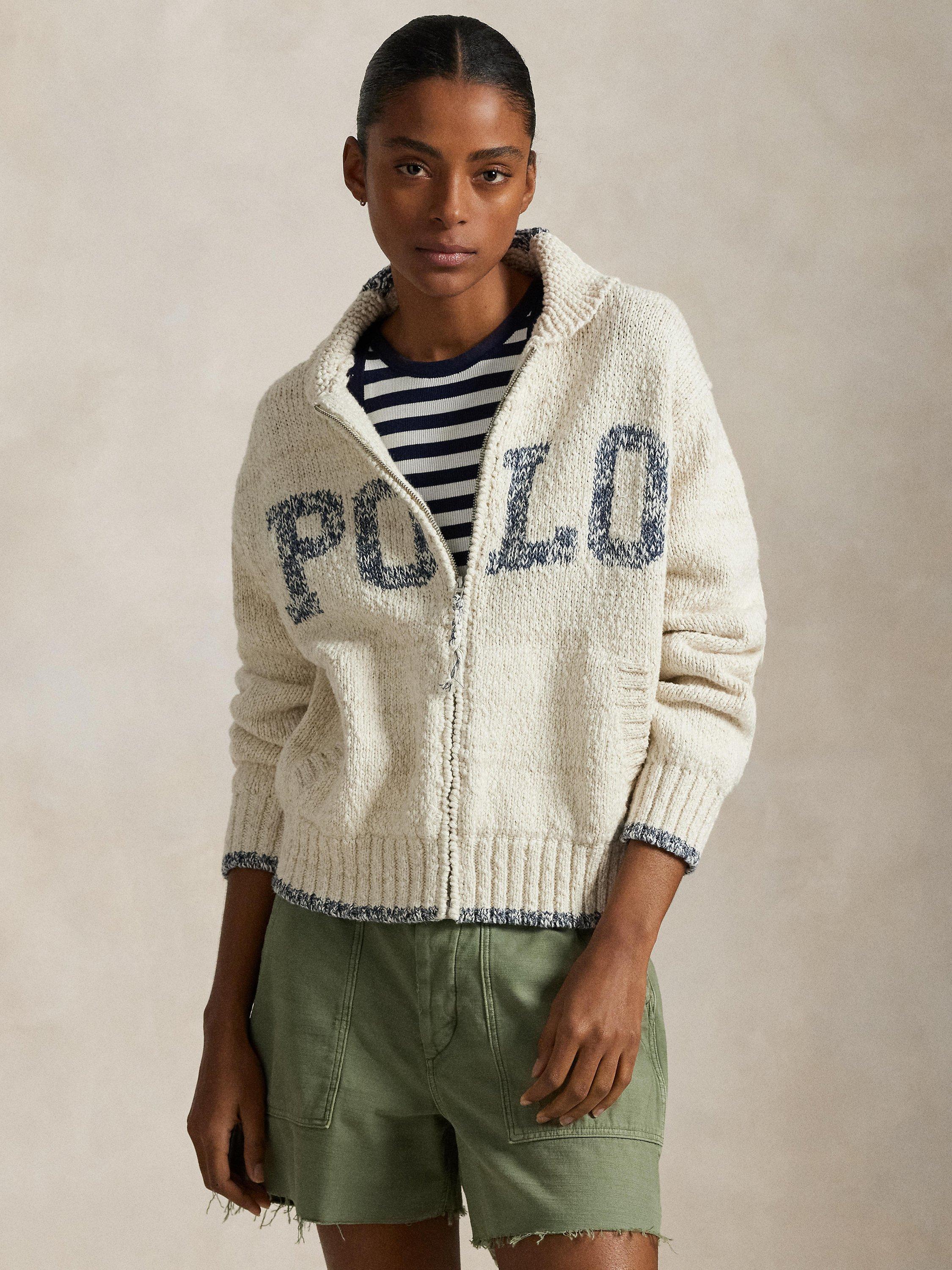Product image 2 of 5, which shows Polo Ralph Lauren Intarsia Logo Zip Cardigan, Cream/Blue Multi, S
