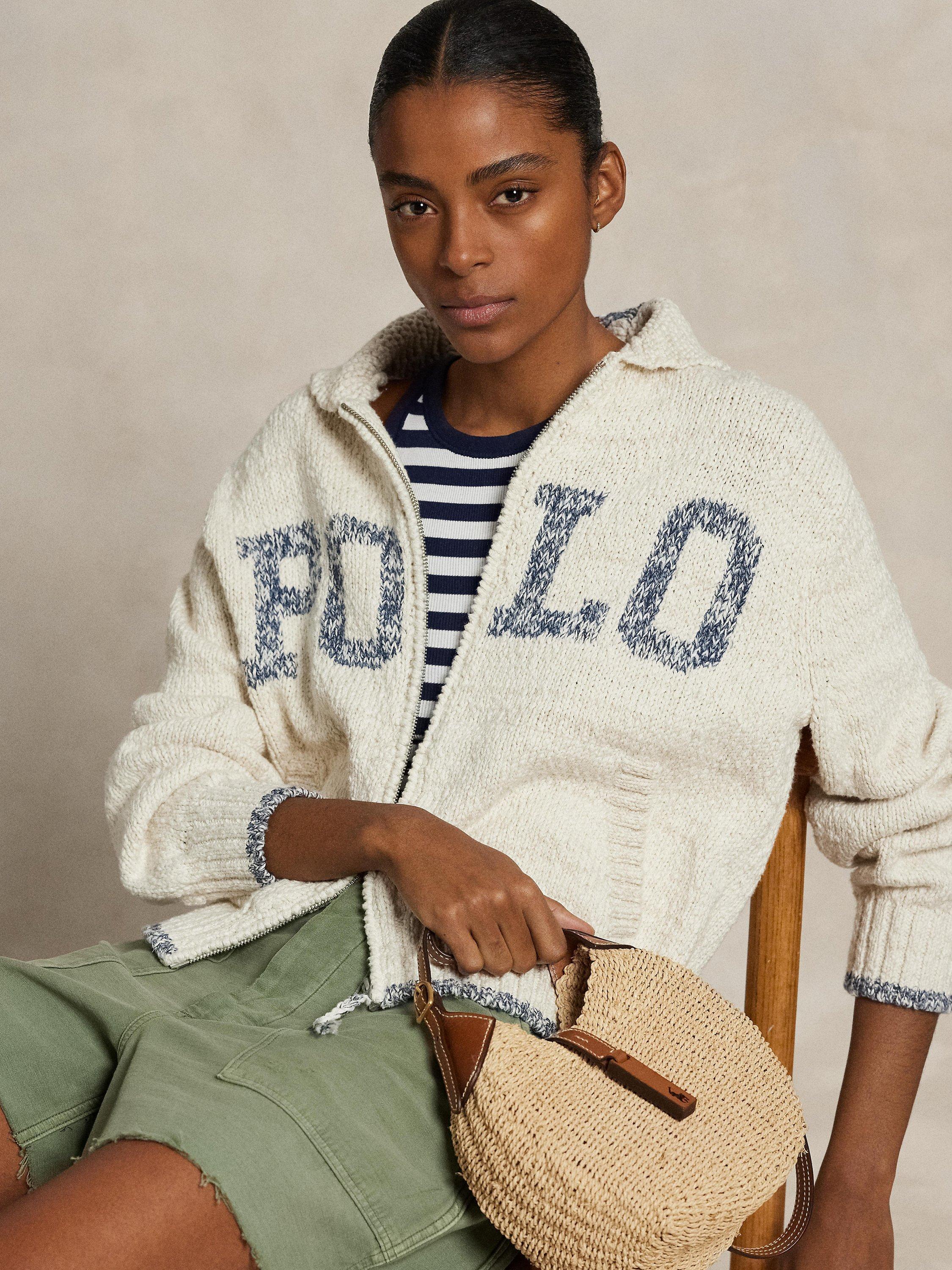 Product image 3 of 5, which shows Polo Ralph Lauren Intarsia Logo Zip Cardigan, Cream/Blue Multi, S