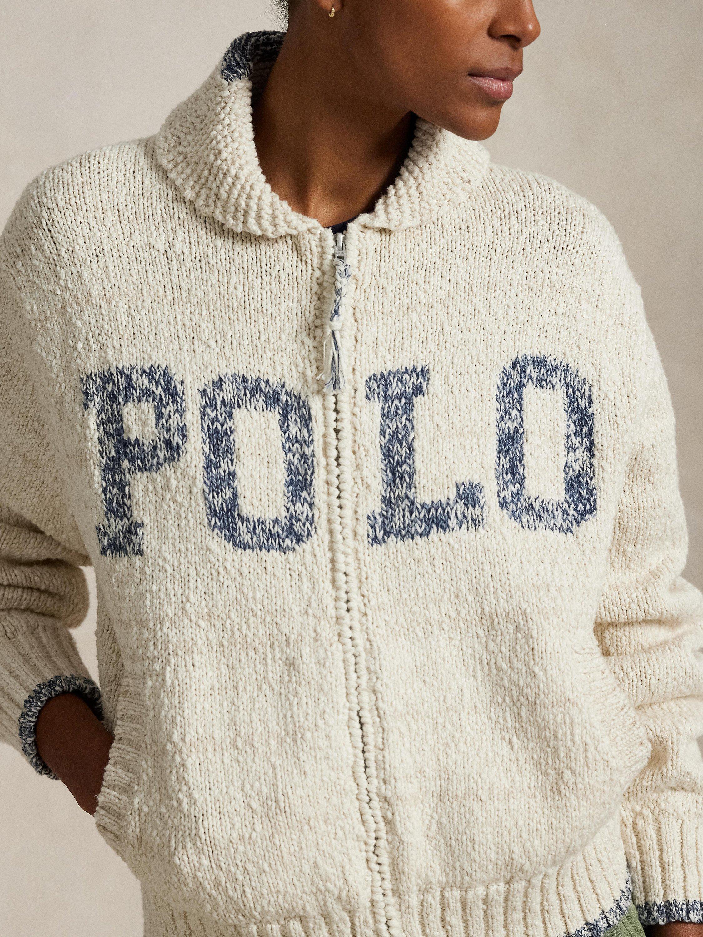 Product image 4 of 5, which shows Polo Ralph Lauren Intarsia Logo Zip Cardigan, Cream/Blue Multi, S