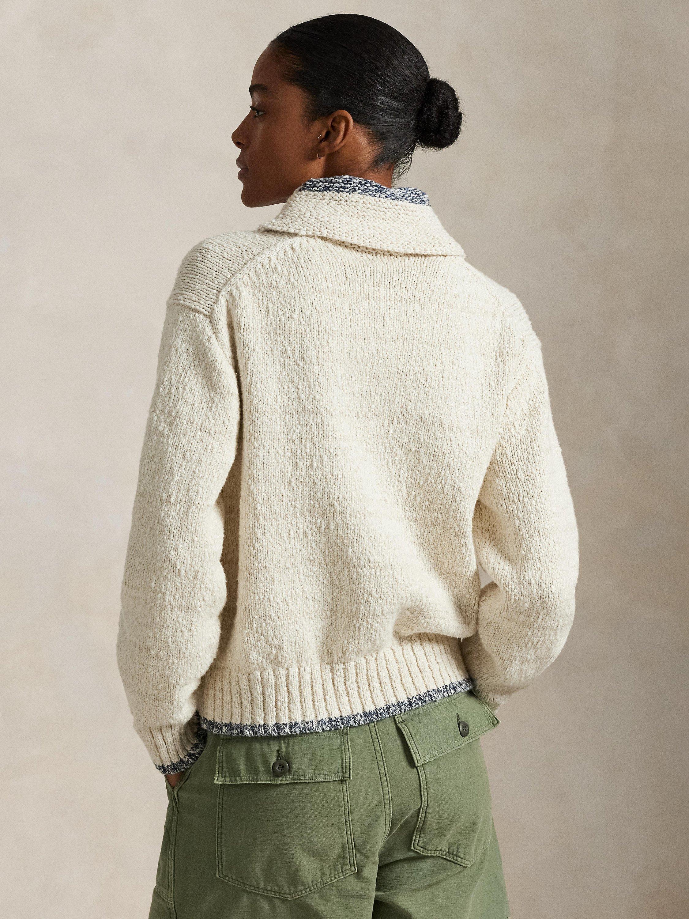 Product image 5 of 5, which shows Polo Ralph Lauren Intarsia Logo Zip Cardigan, Cream/Blue Multi, S