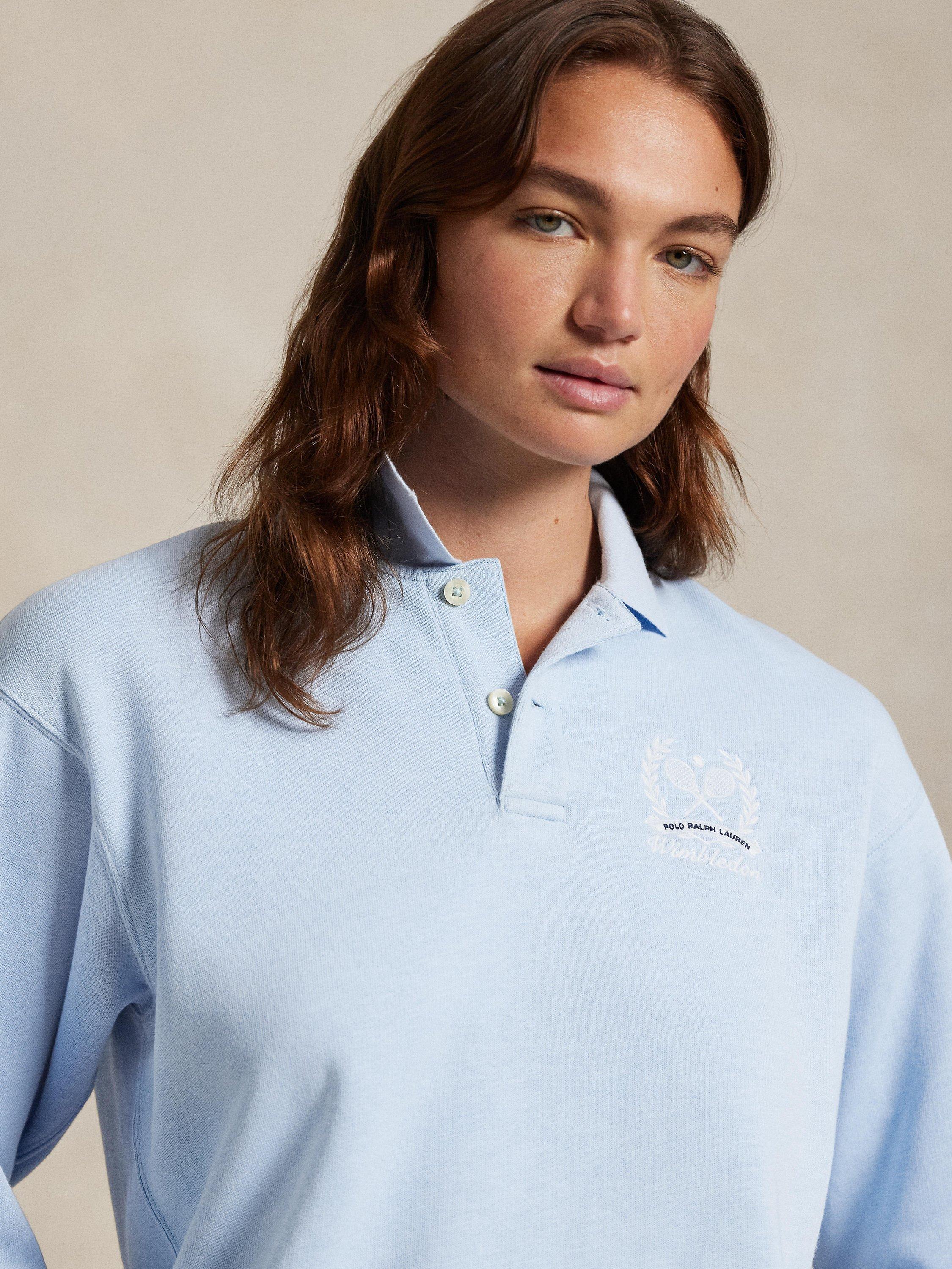 Product image 3 of 4, which shows Polo Ralph Lauren Wimbledon 2025 French Terry Button Neck Sweatshirt, Light Blue, XS