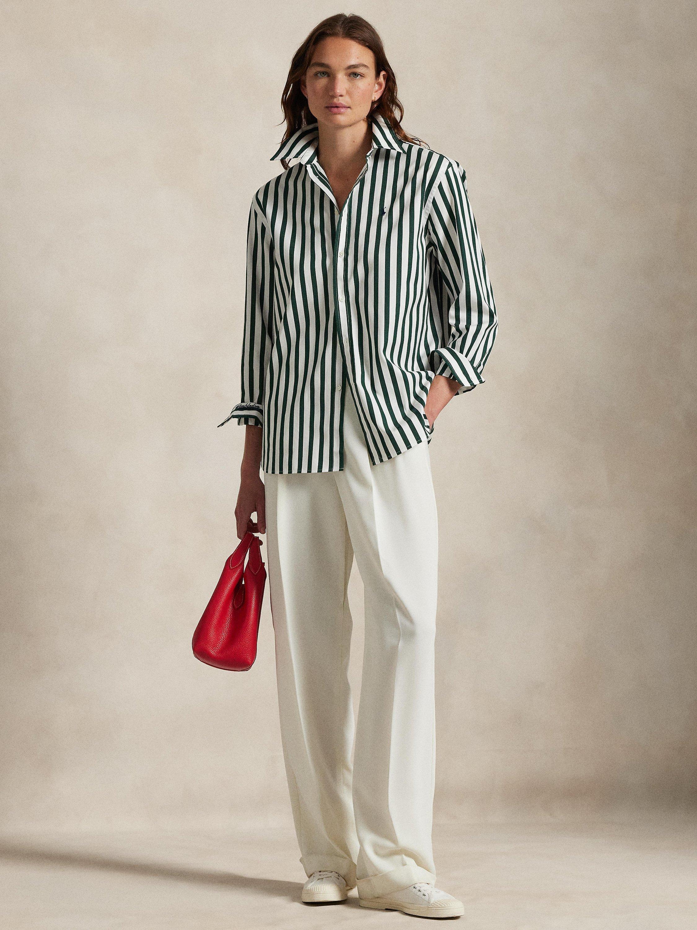 Product image 1 of 4, which shows Polo Ralph Lauren Stripe Oversized Shirt, Green/White, XS
