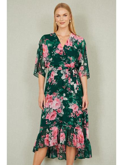 Yumi Floral Dip Hem Wrap Midi Dress, Green/Multi, Green/Multi