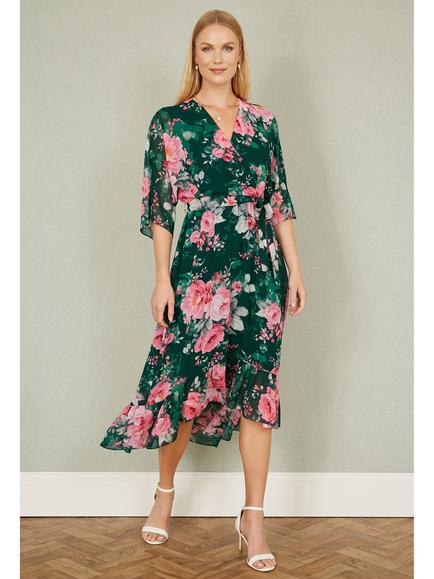 Yumi Floral Dip Hem Wrap Midi Dress, Green/Multi - view 2, Green/Multi