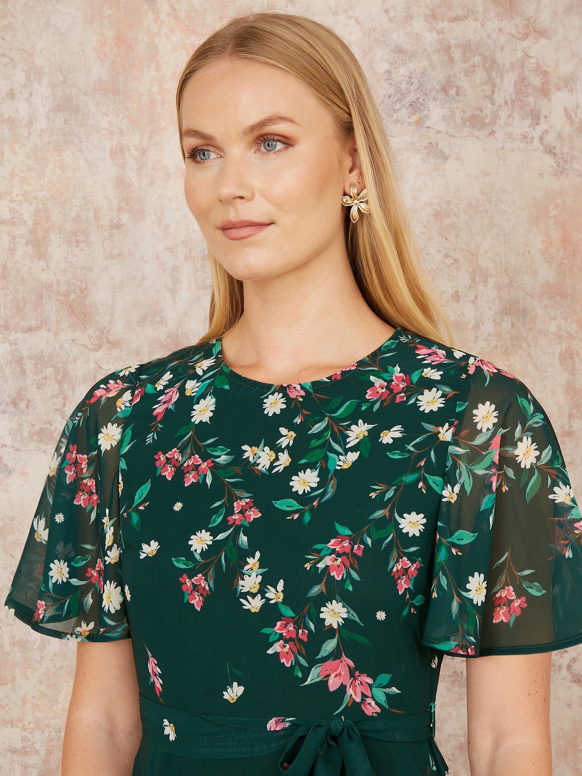 Product image 4 of 6, which shows Yumi Mirror Daisy Print Skater Dress, Green/Multi, 8