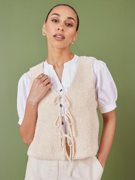 Yumi Knitted Tie Detail Waistcoat, Beige, Beige