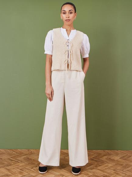 Yumi Knitted Tie Detail Waistcoat, Beige - view 2, Beige