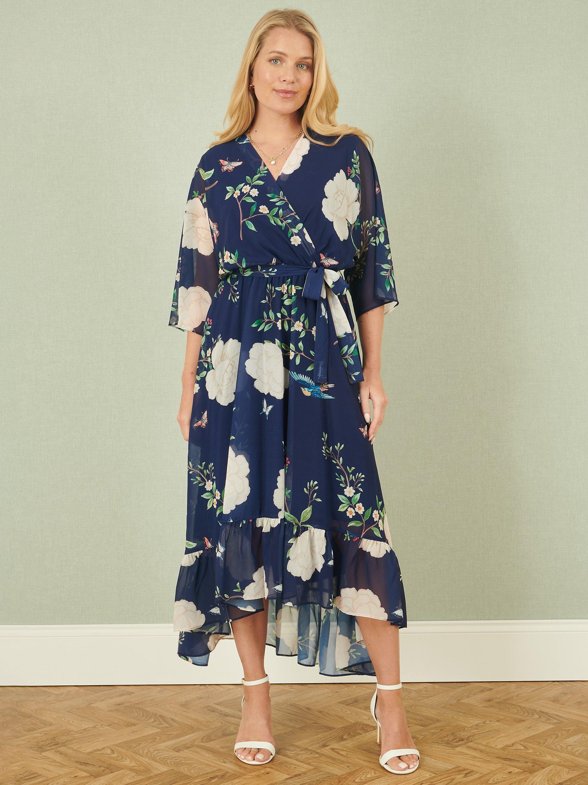 Product image 2 of 5, which shows Yumi Bird Floral Wrap Midi Dress, Navy, 8