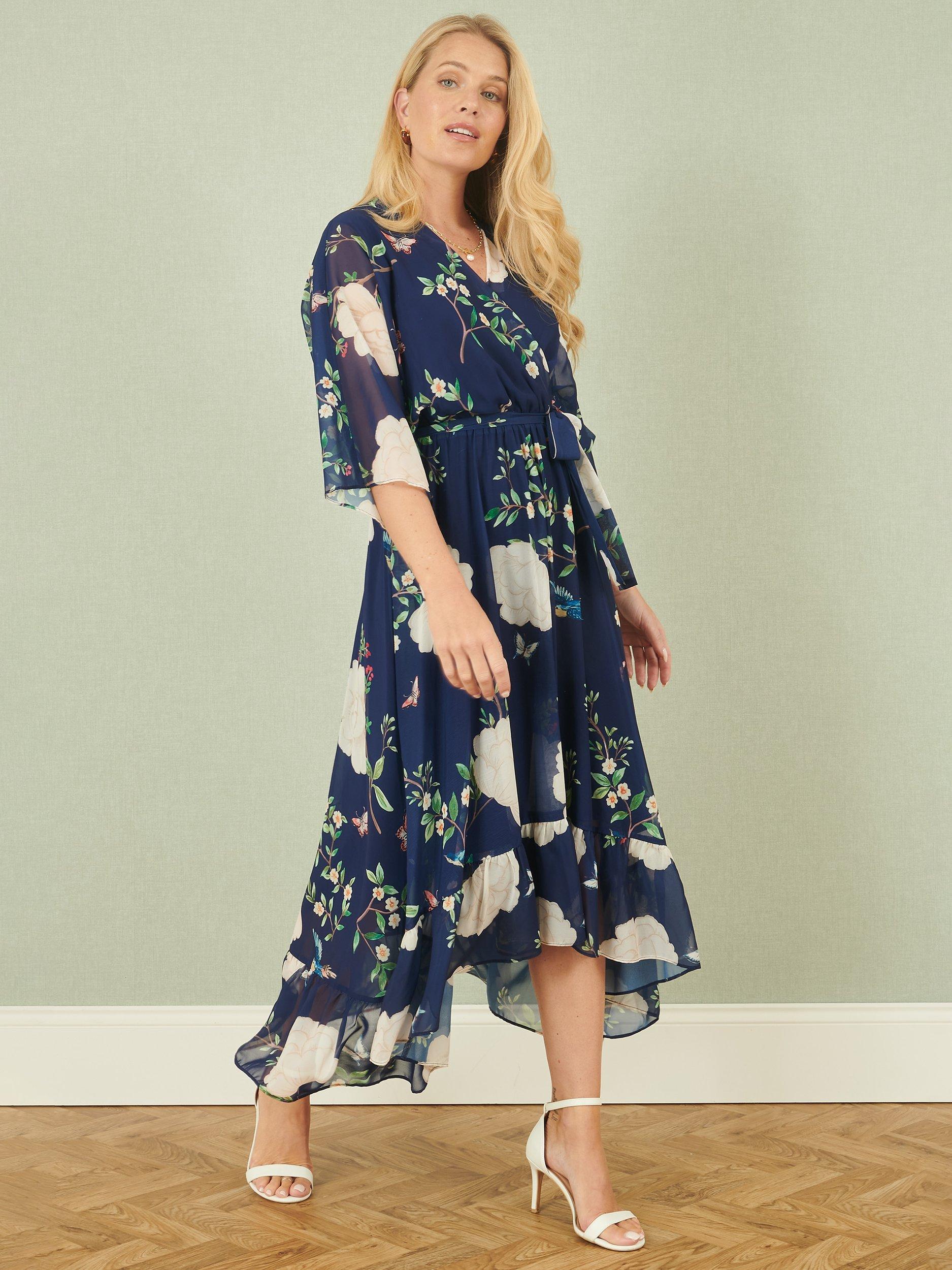 Product image 3 of 5, which shows Yumi Bird Floral Wrap Midi Dress, Navy, 8