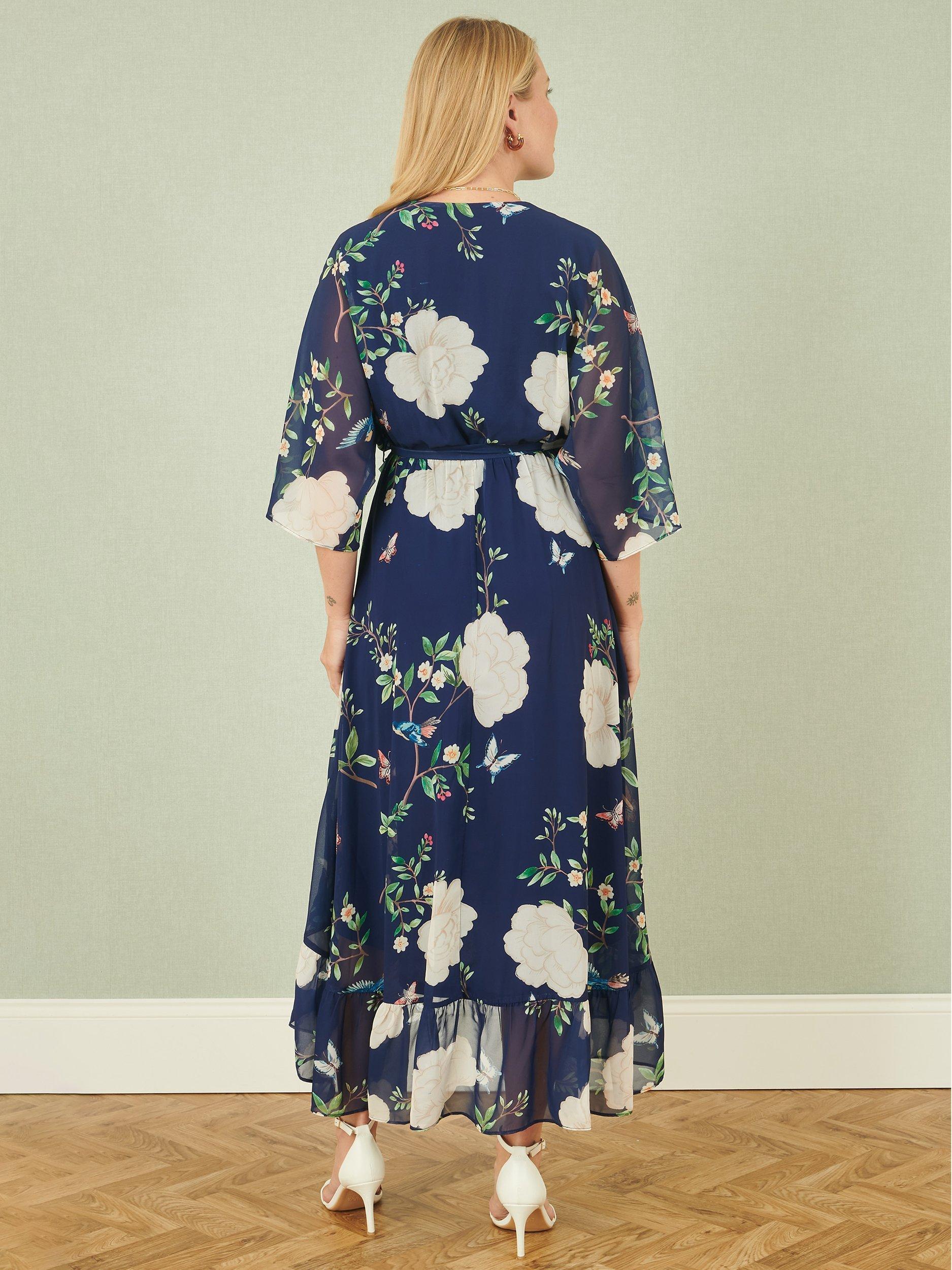 Product image 4 of 5, which shows Yumi Bird Floral Wrap Midi Dress, Navy, 8