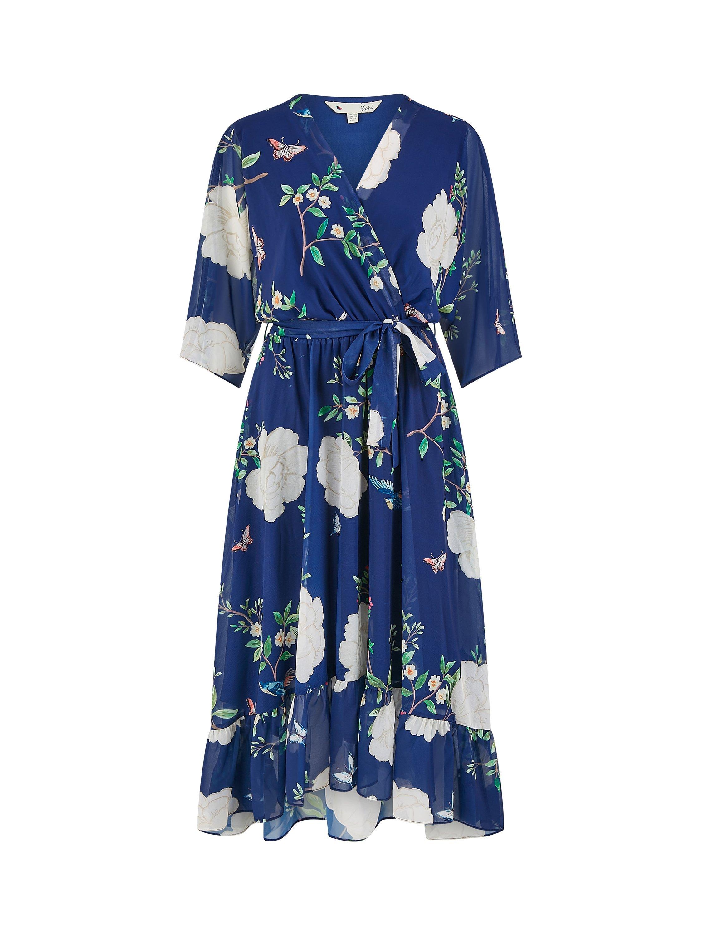Product image 5 of 5, which shows Yumi Bird Floral Wrap Midi Dress, Navy, 8