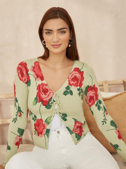 Yumi Rose Print Tie Front Cardigan, Green/Multi