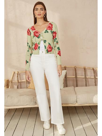 Yumi Rose Print Tie Front Cardigan - view 2, Green/Multi