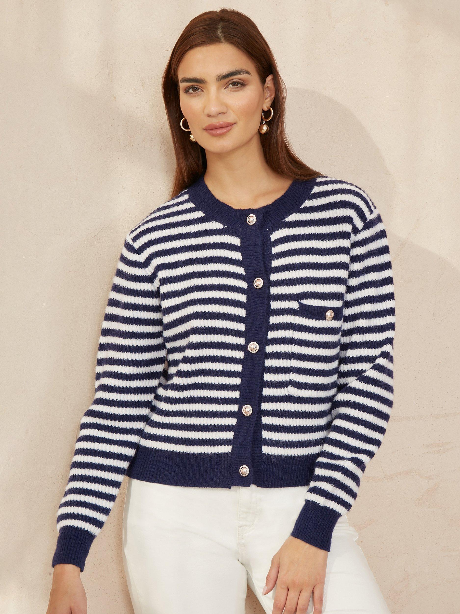 Product image 1 of 4, which shows Yumi Stripe Knit Relaxed Fit Cardigan, Navy, S-M