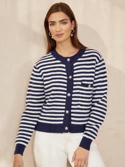 Yumi Stripe Knit Relaxed Fit Cardigan, Navy, Navy