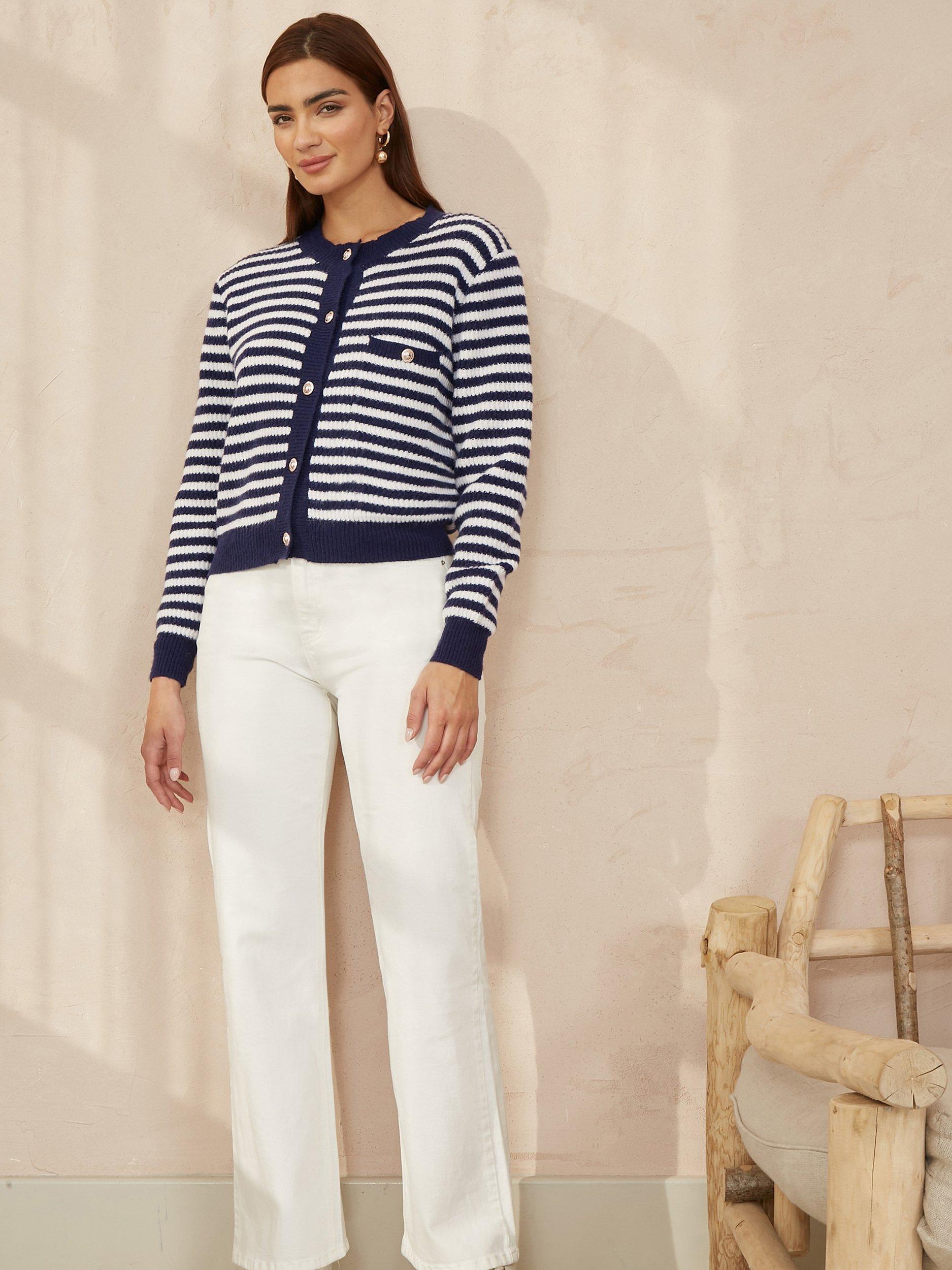Product image 2 of 4, which shows Yumi Stripe Knit Relaxed Fit Cardigan, Navy, S-M
