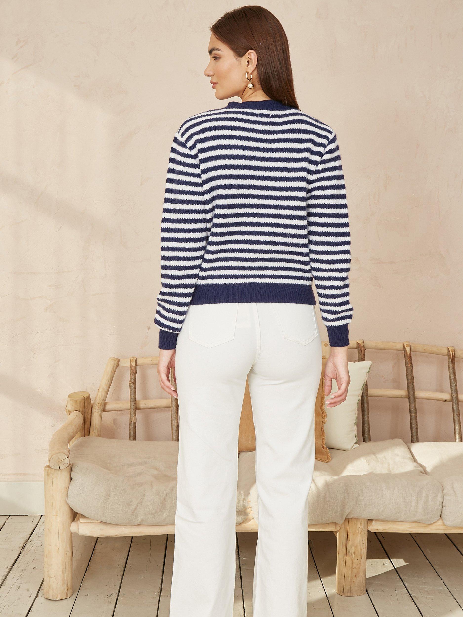 Product image 3 of 4, which shows Yumi Stripe Knit Relaxed Fit Cardigan, Navy, S-M