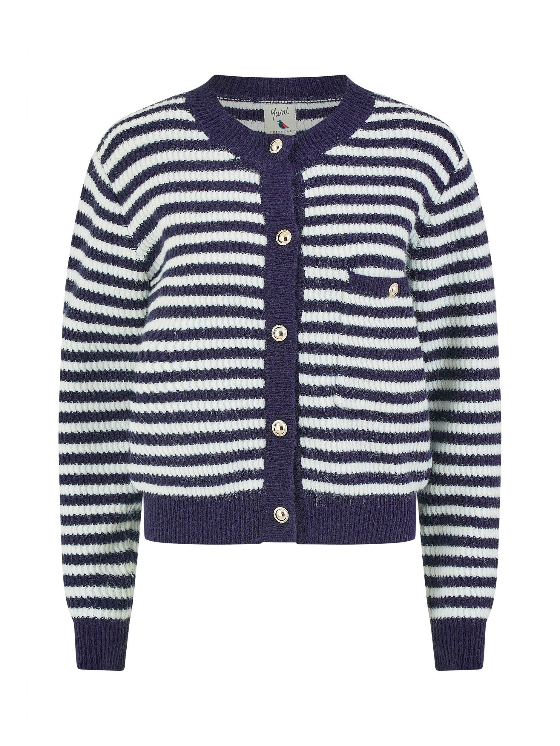 Product image 4 of 4, which shows Yumi Stripe Knit Relaxed Fit Cardigan, Navy, S-M