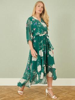 Yumi Bird Floral Wrap Midi Dress, Green