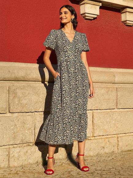 Yumi  Leopard Print Midi Dress, Brown/Multi, Brown/Multi