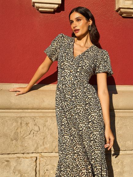 Yumi  Leopard Print Midi Dress, Brown/Multi - view 2, Brown/Multi