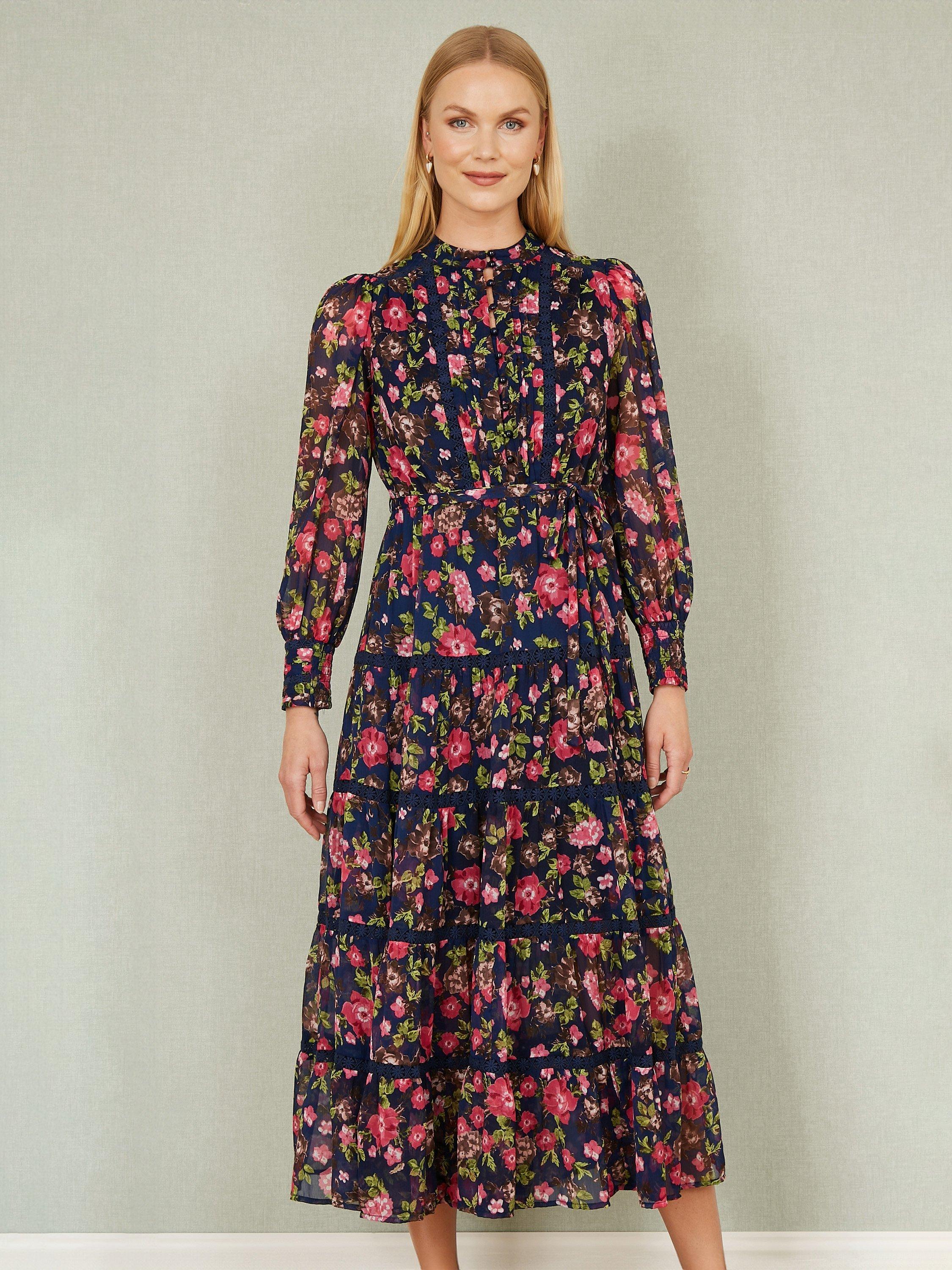 Product image 1 of 5, which shows Yumi Blossom Lace Trim Dress, Navy/Multi, 8