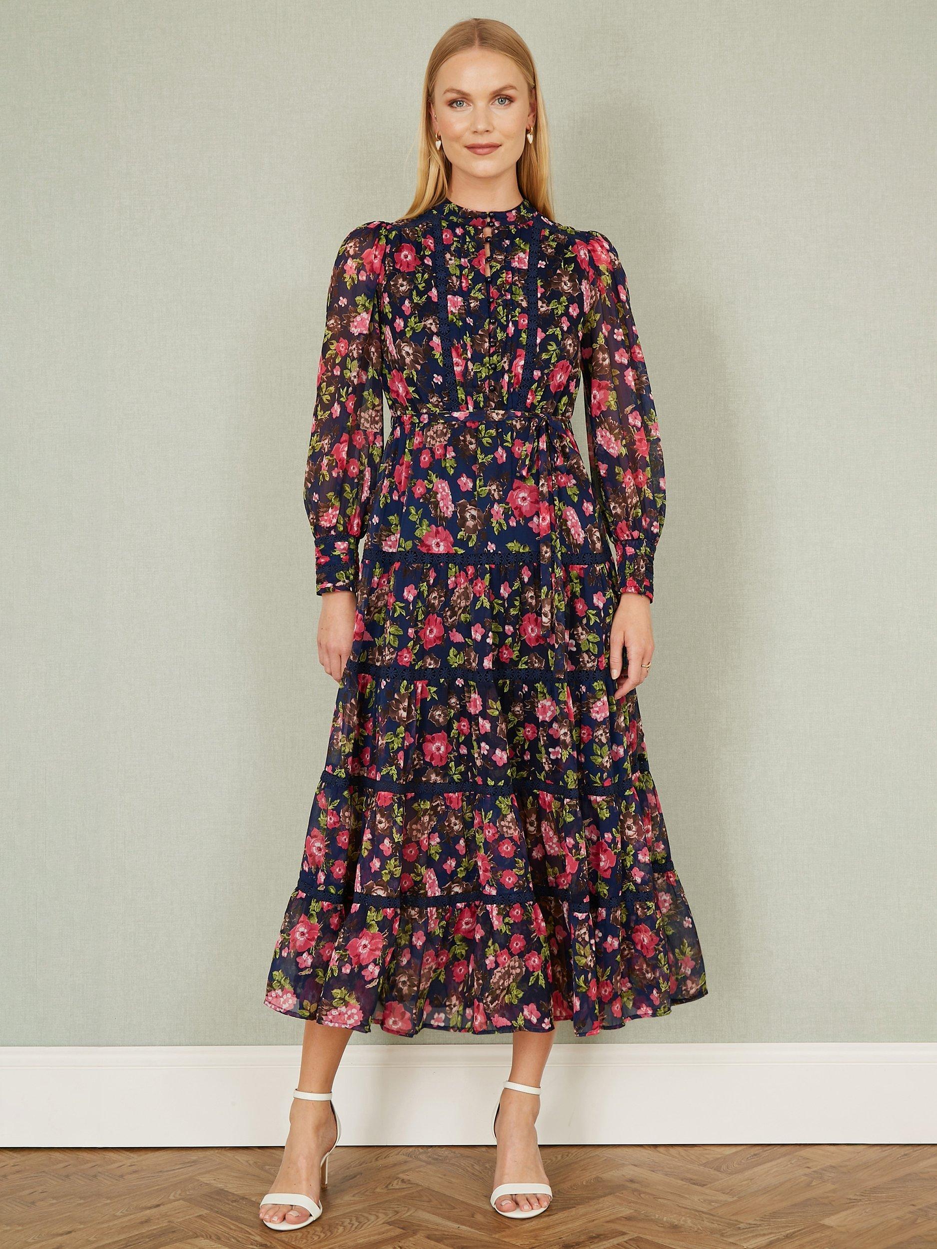 Product image 2 of 5, which shows Yumi Blossom Lace Trim Dress, Navy/Multi, 8