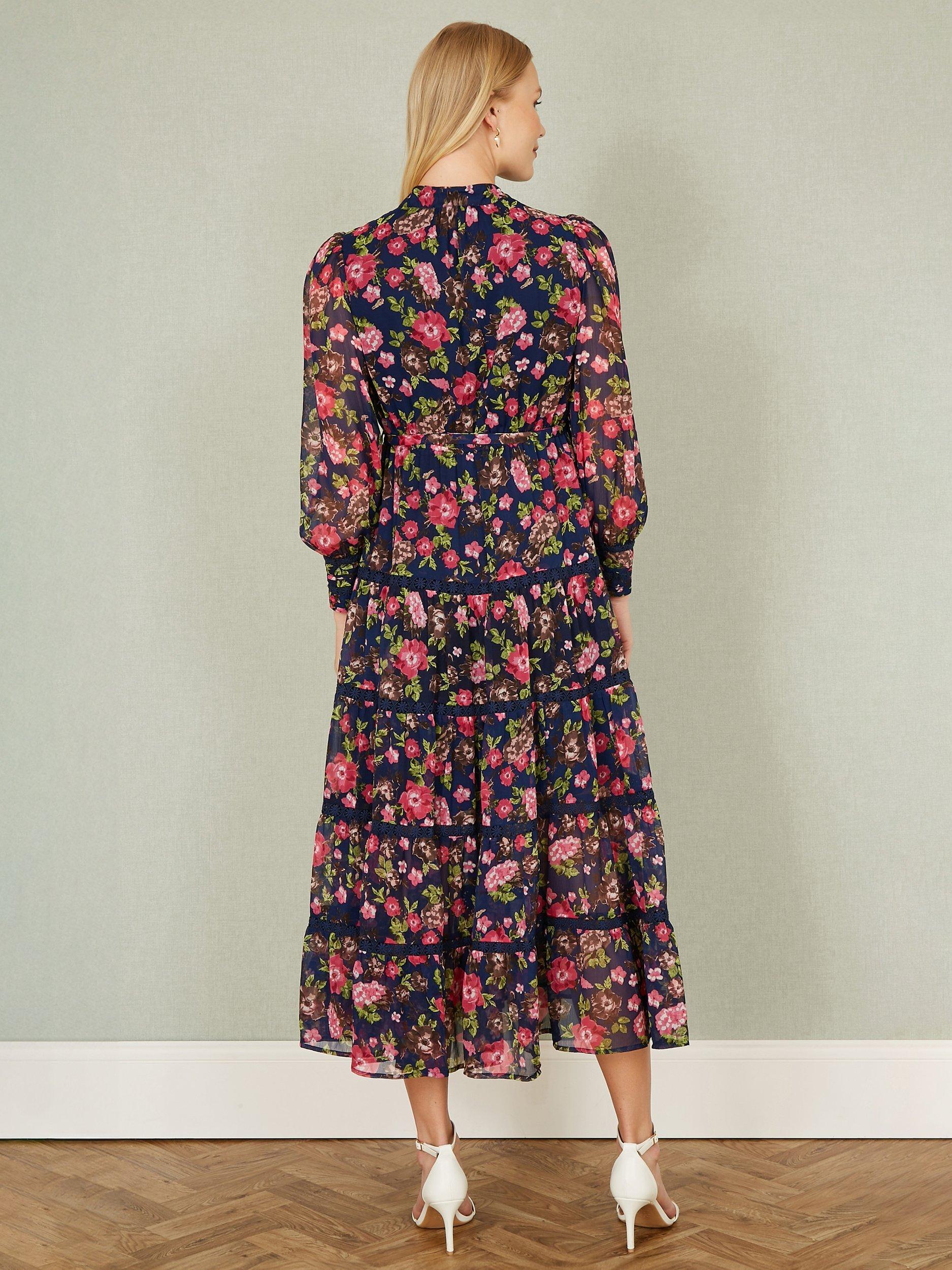 Product image 3 of 5, which shows Yumi Blossom Lace Trim Dress, Navy/Multi, 8
