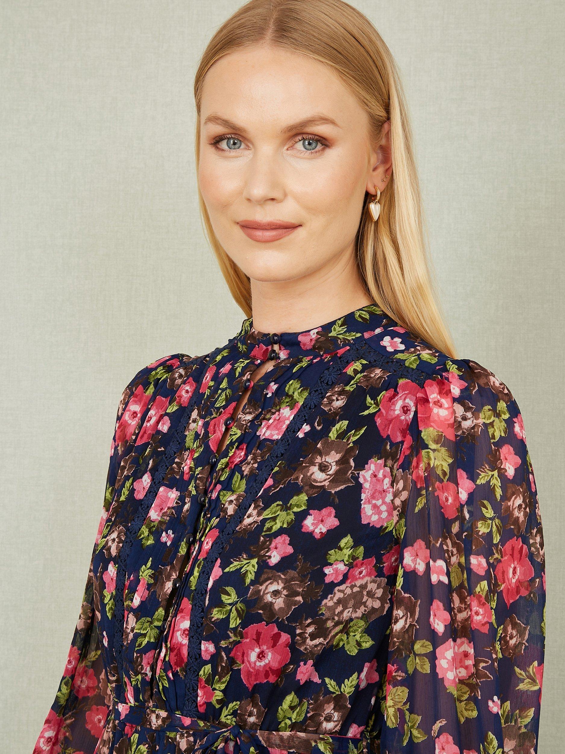 Product image 4 of 5, which shows Yumi Blossom Lace Trim Dress, Navy/Multi, 8