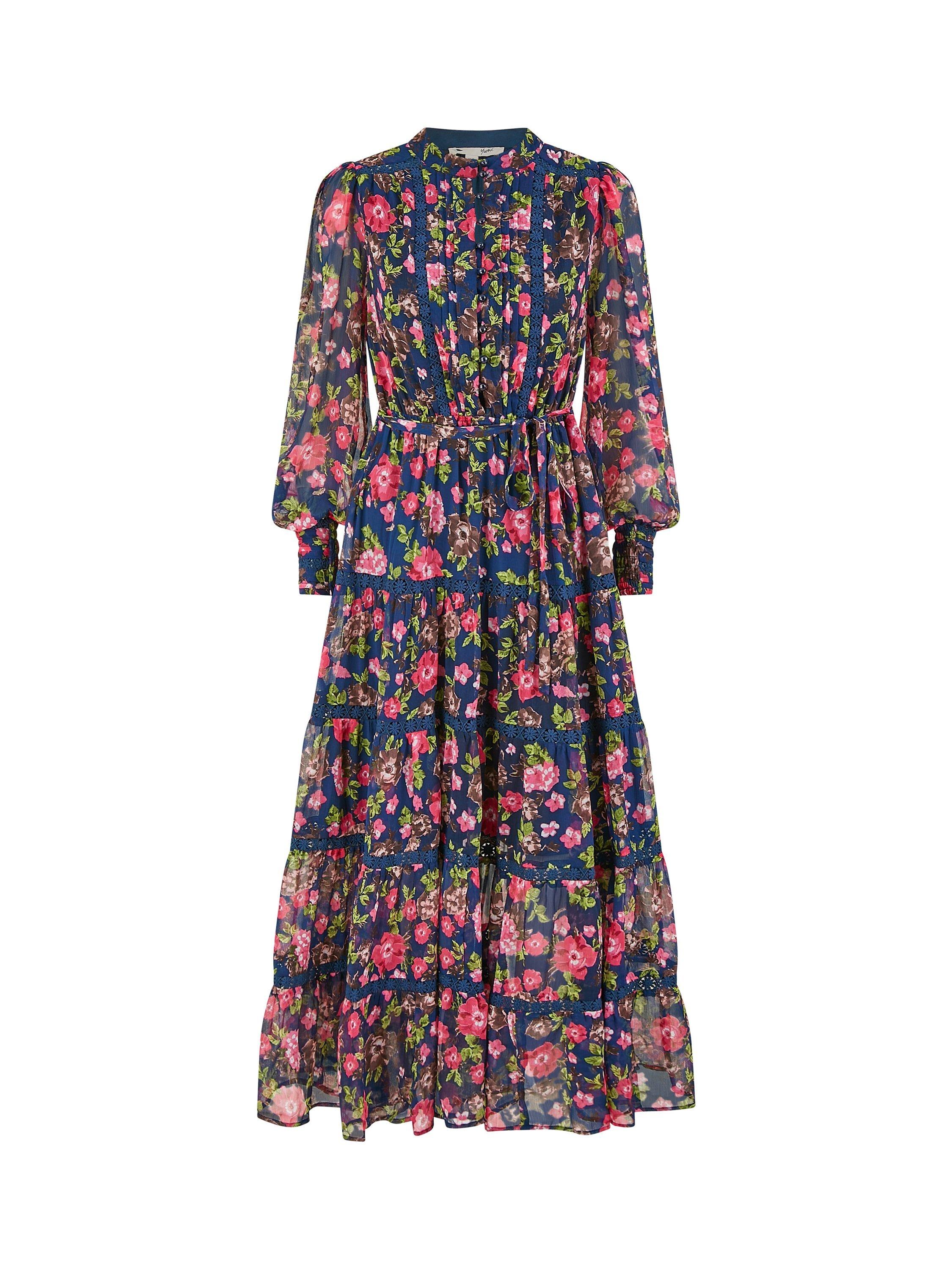 Product image 5 of 5, which shows Yumi Blossom Lace Trim Dress, Navy/Multi, 8