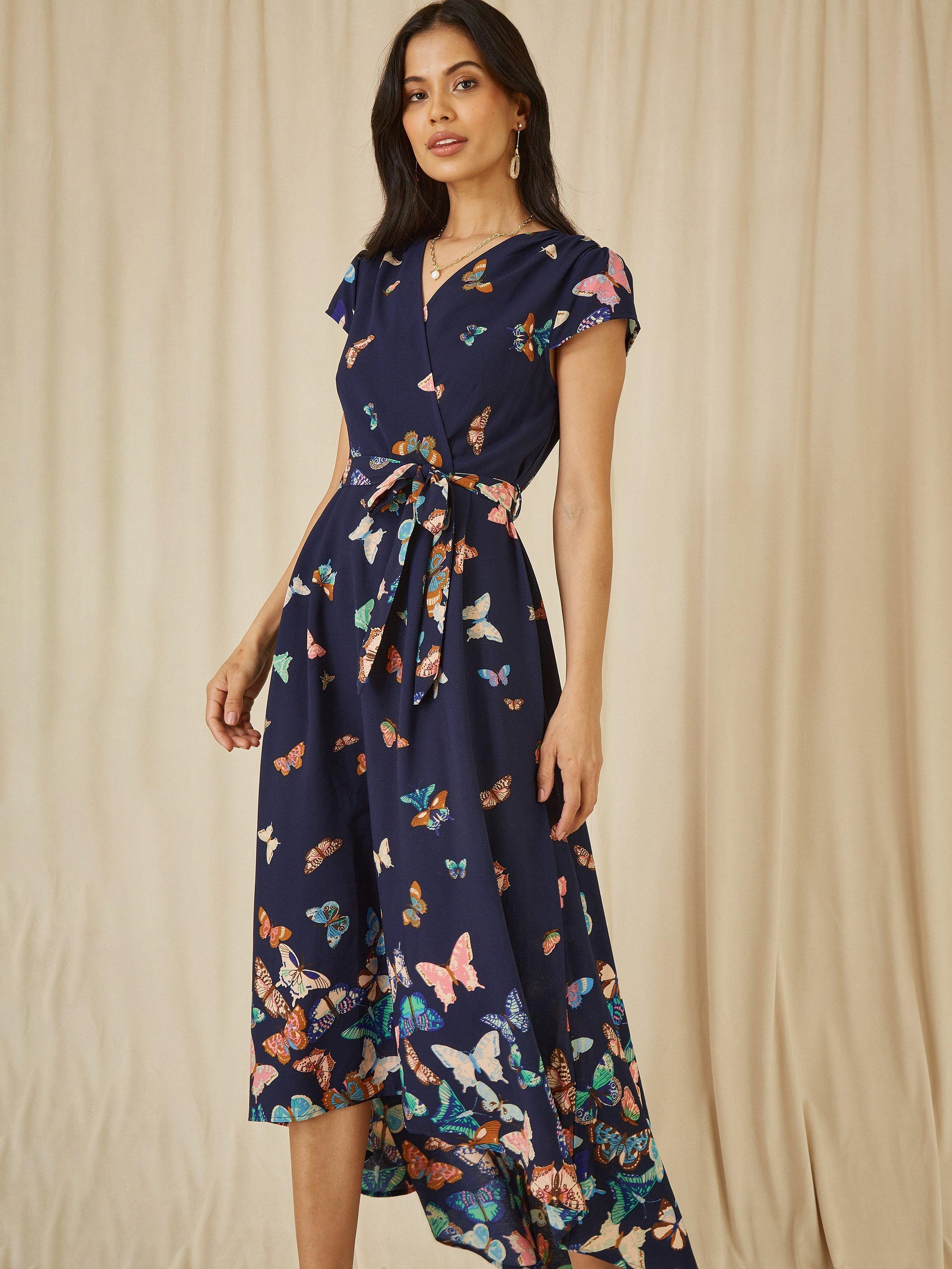 Product image 1 of 6, which shows Yumi Butterfly Dip Hem Midi Dress, Navy/Multi, 20