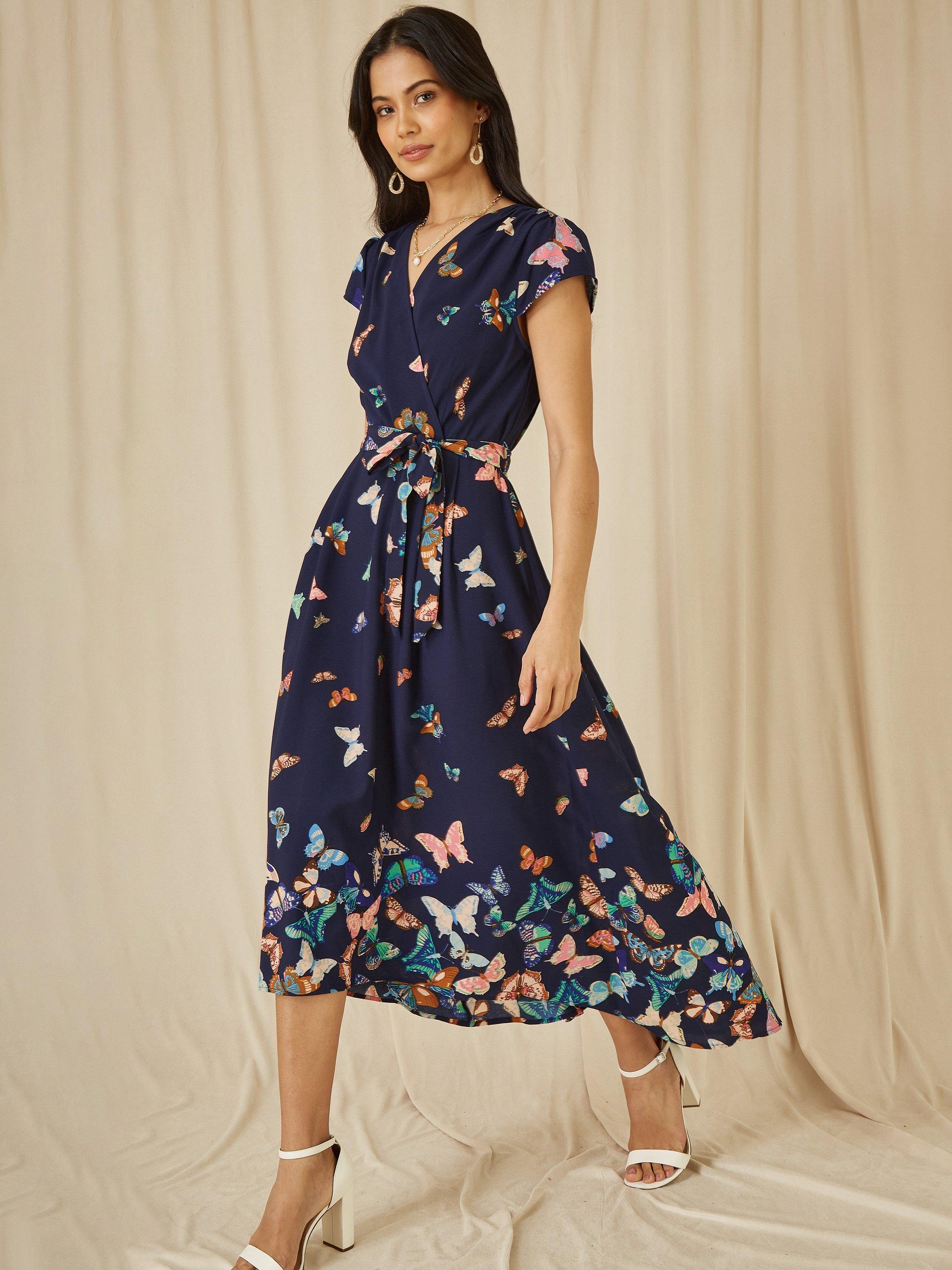 Product image 2 of 6, which shows Yumi Butterfly Dip Hem Midi Dress, Navy/Multi, 20