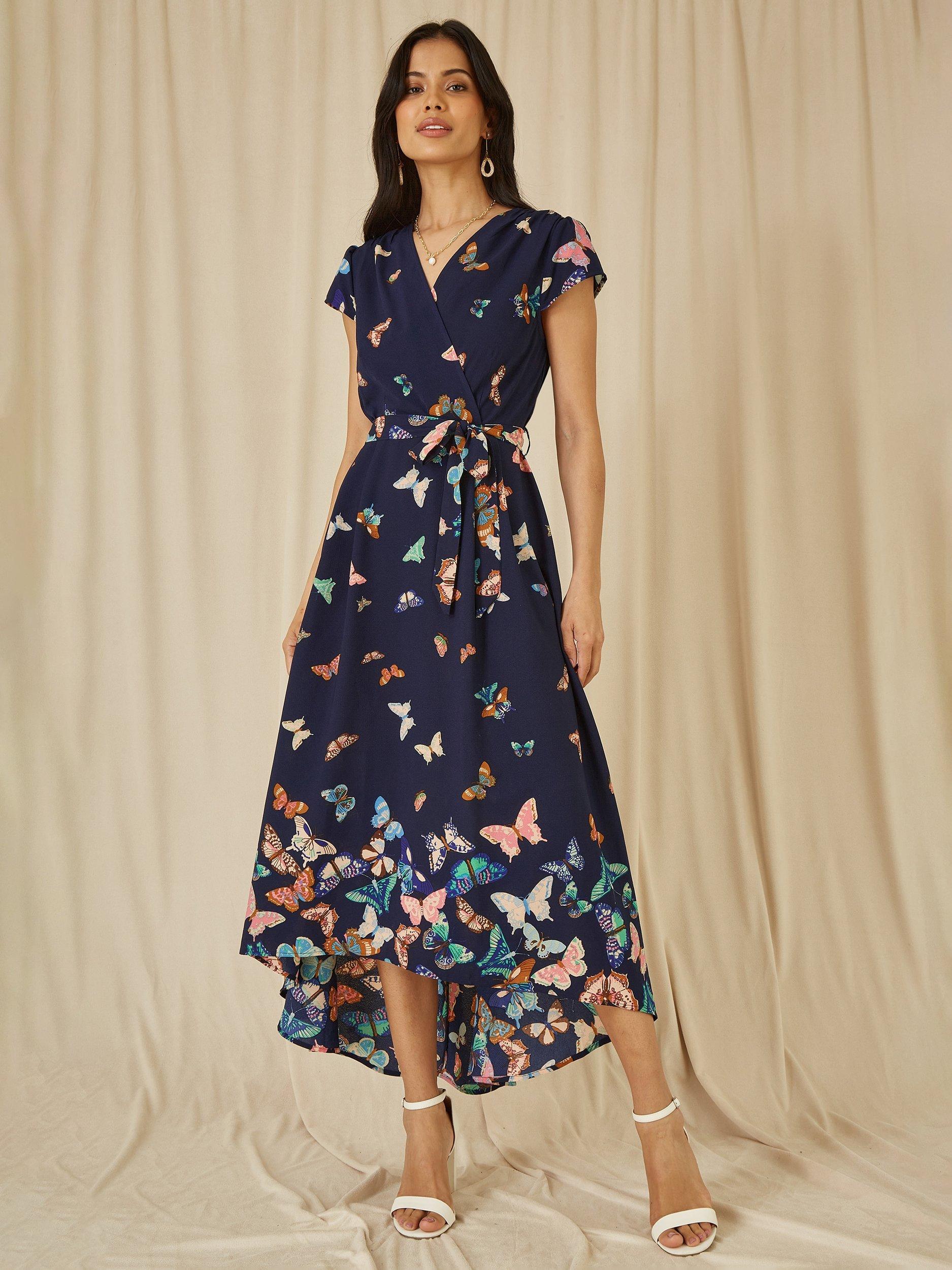 Product image 3 of 6, which shows Yumi Butterfly Dip Hem Midi Dress, Navy/Multi, 20