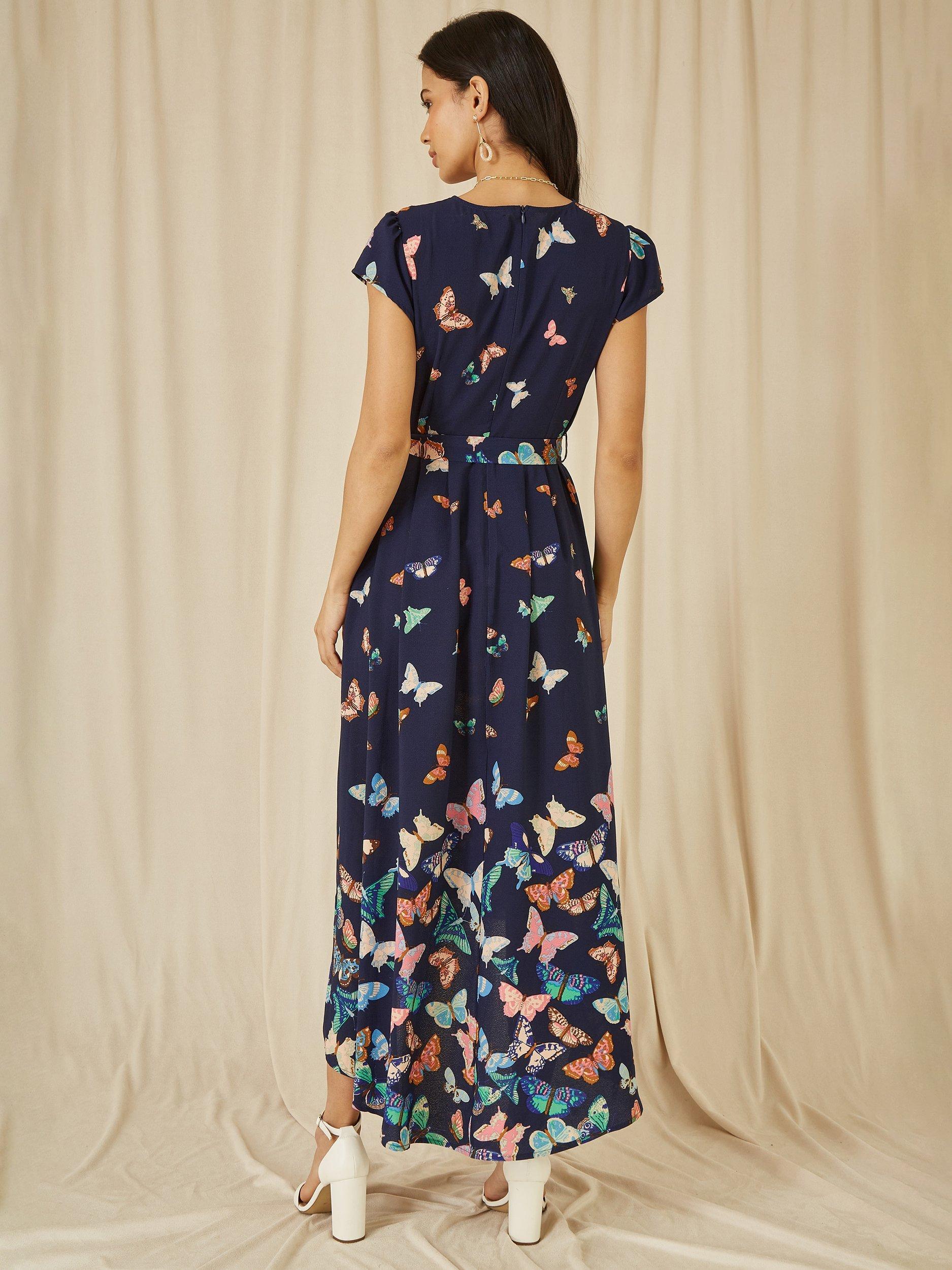 Product image 5 of 6, which shows Yumi Butterfly Dip Hem Midi Dress, Navy/Multi, 20