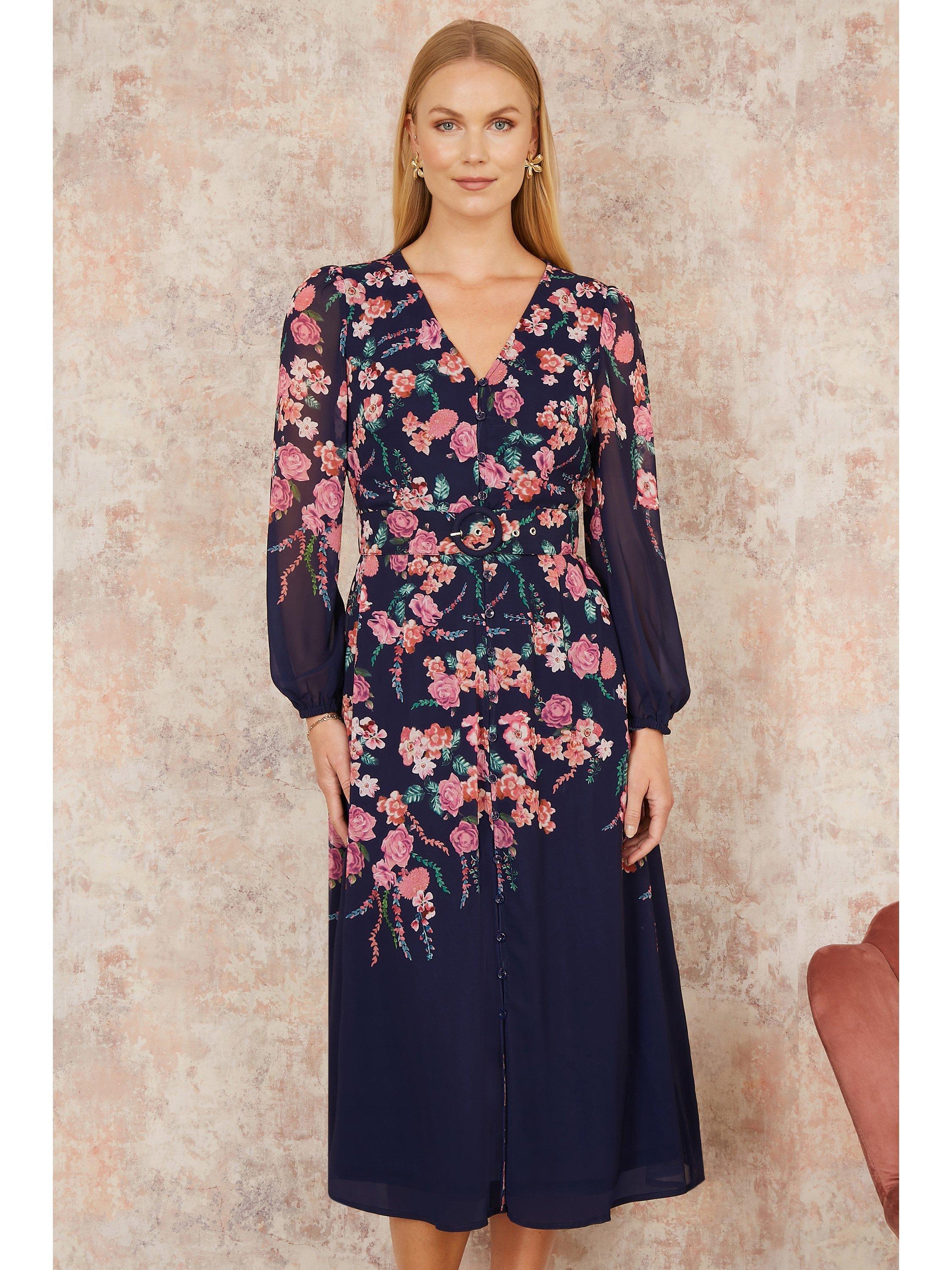 Product image 1 of 5, which shows Yumi Floral Belted Midi Dress, Navy/Multi, 8