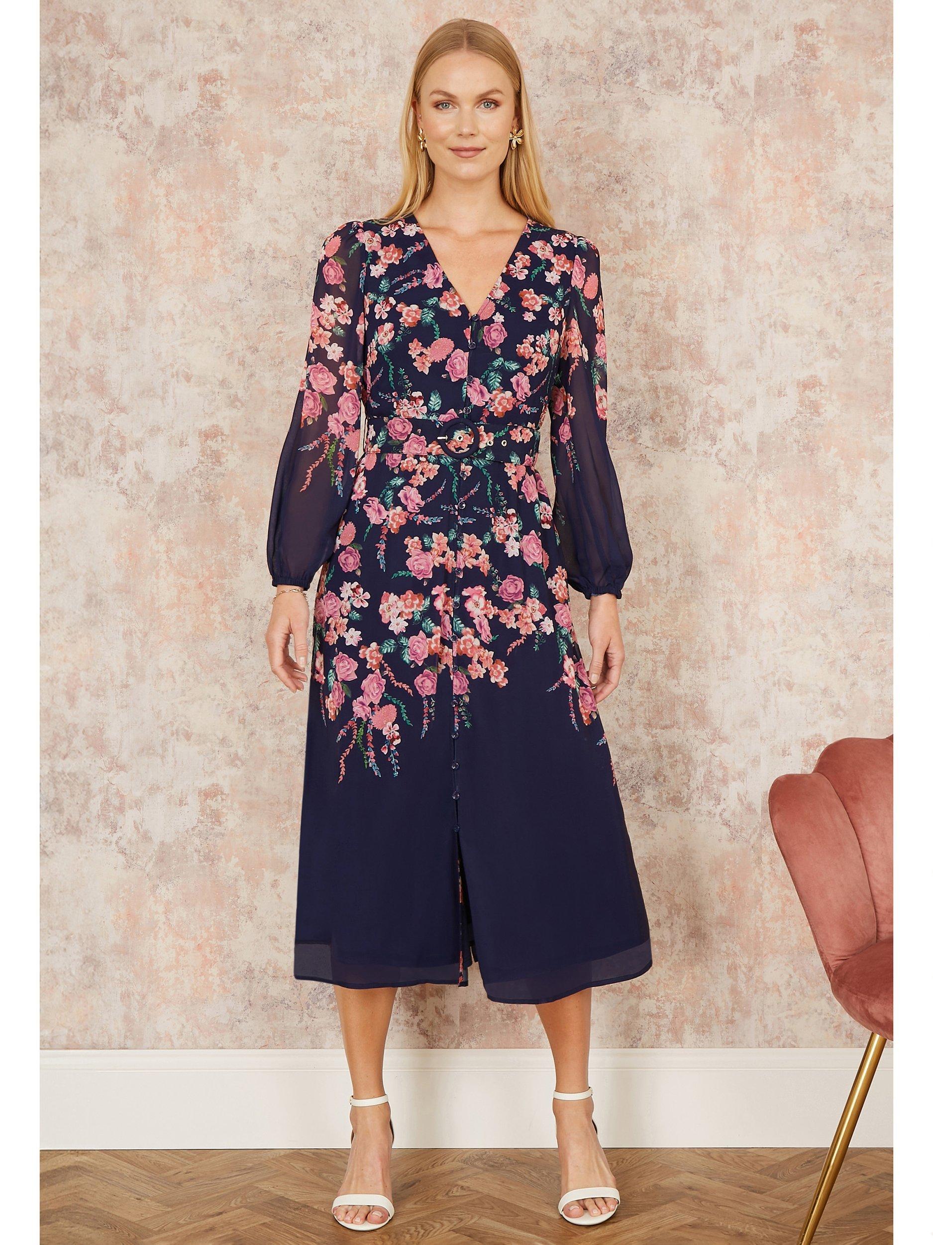 Product image 2 of 5, which shows Yumi Floral Belted Midi Dress, Navy/Multi, 8