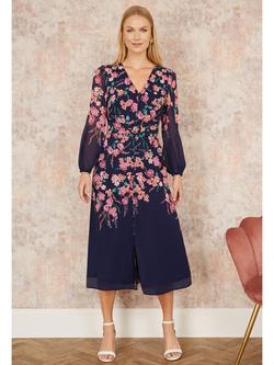 Yumi Floral Belted Midi Dress - view 2, Navy/Multi