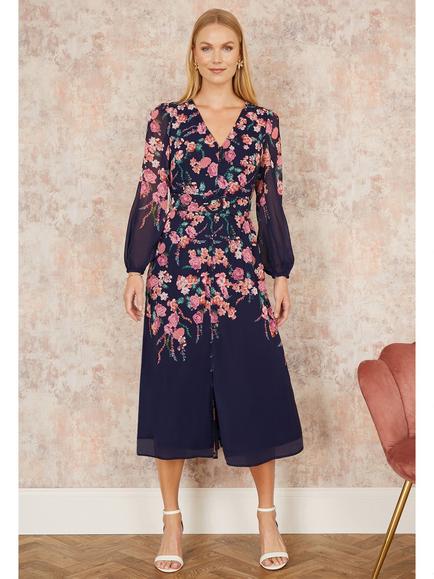 Yumi Floral Belted Midi Dress - view 2, Navy/Multi